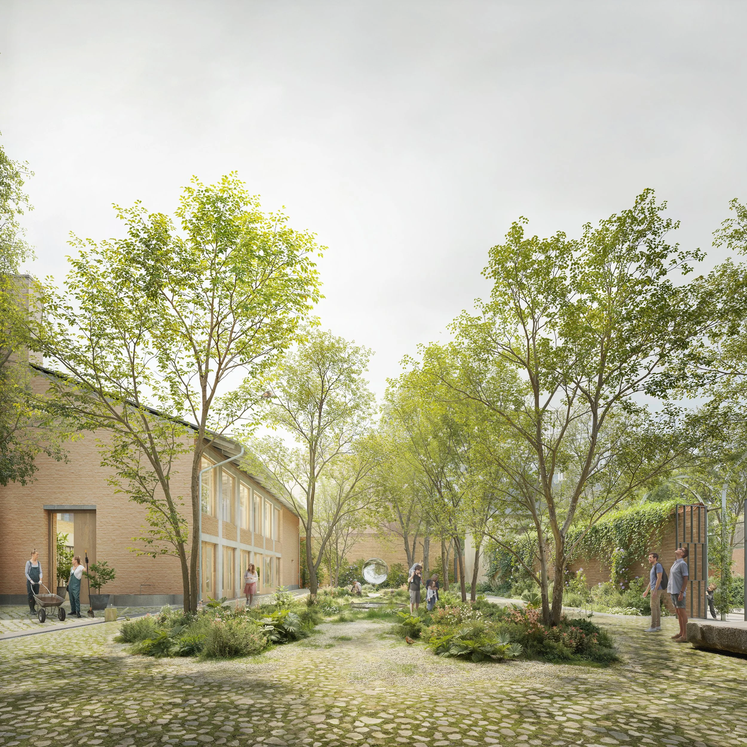 People walking and socializing in a green park with trees and a brick building in the background during the daytime.