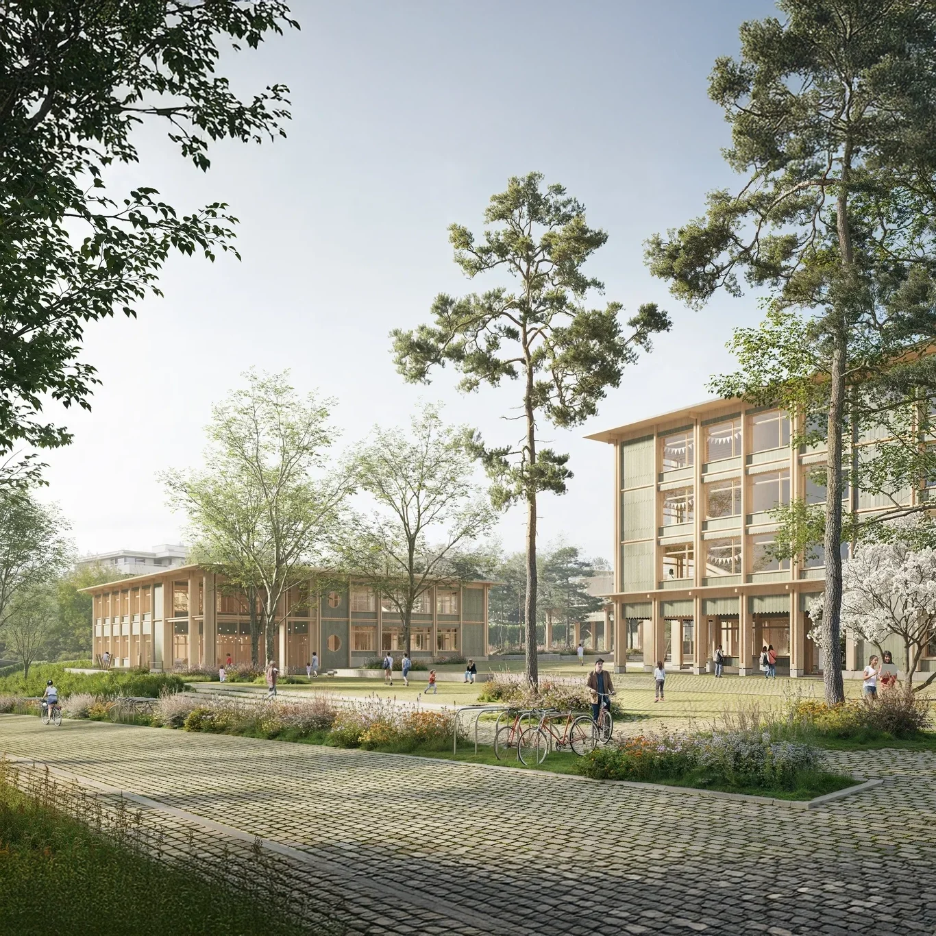 A modern park with children playing, people walking, and a cyclist riding on a paved path surrounded by trees and greenery, with multi-story buildings in the background