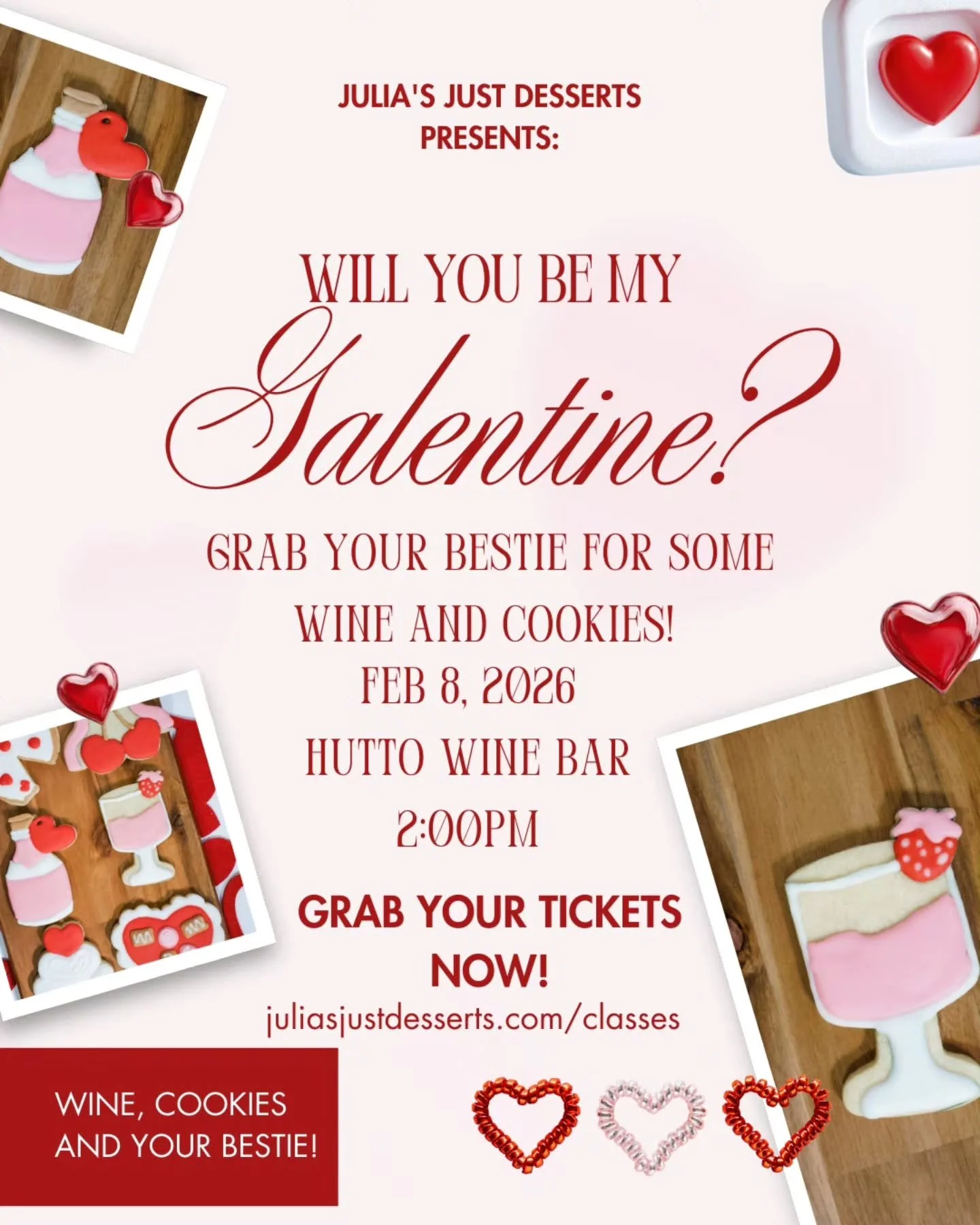 Who needs football when you have your friends, wine and some delicious cookies? Grab your bestie and come join me @thehuttowinebar for wine, great company and cookie decorating! 
Tickets on my site: https://www.juliasjustdesserts.com/classes/feb8clas