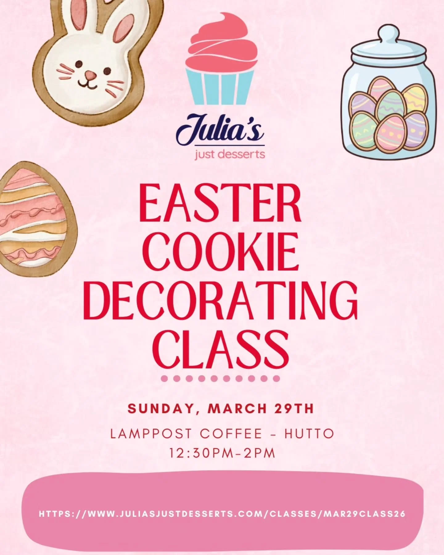🐰Only a few spots left! Don't miss out on my class this Sunday! 

https://www.juliasjustdesserts.com/classes/mar29class26 

#huttobaker 
#huttotx 
#huttolocalbusiness 
#eastercookieclass
#juliasjustdesserts