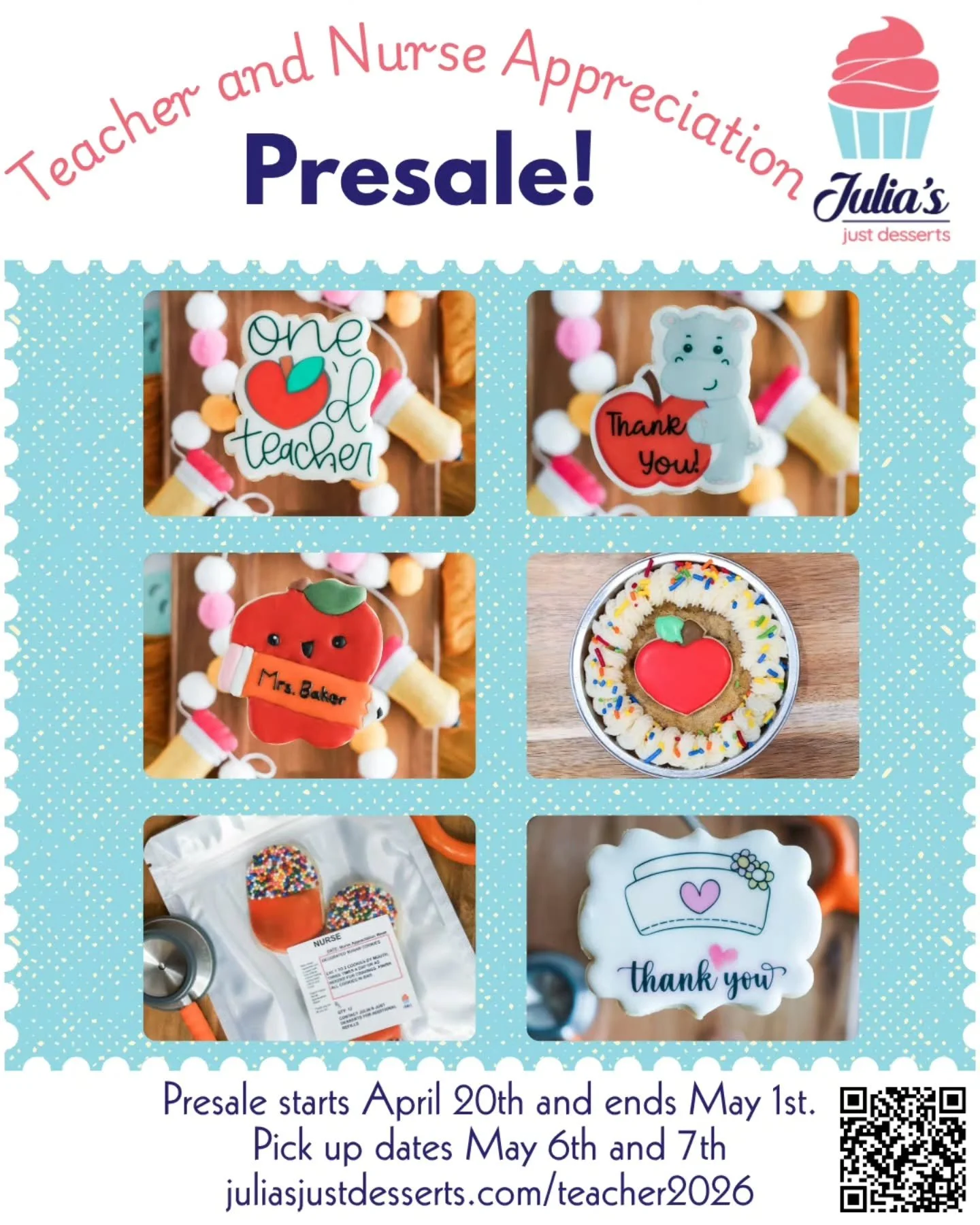 Get ready y'all! It's that time again, let's show our teachers we love them. My presale is open! 
Details
🗓 Presale: April 20th - May 1st 
🛍 Pick ups: May 6th and 7th 
🔗 Link: https://www.juliasjustdesserts.com/teacher2026

#teacherappreciationwee