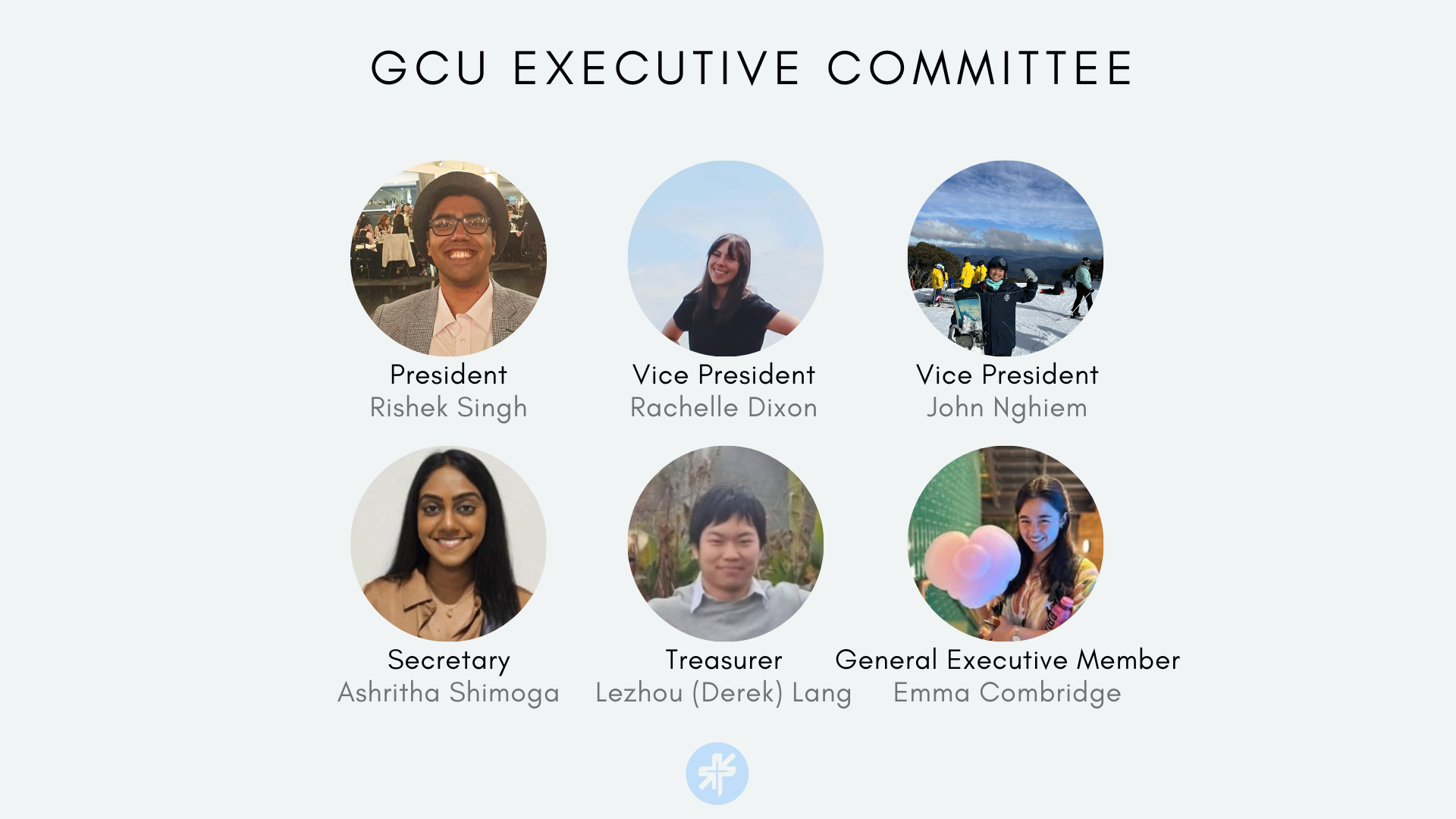GCU Exec: Rishek Singh (President), Rachelle Dixon (Vice President), John Nghiem (Vice President), Ashritha Shimoga (Secretary), Lezhou (Derek) Lang (Treasurer), Emma Combridge (General Exec Member)