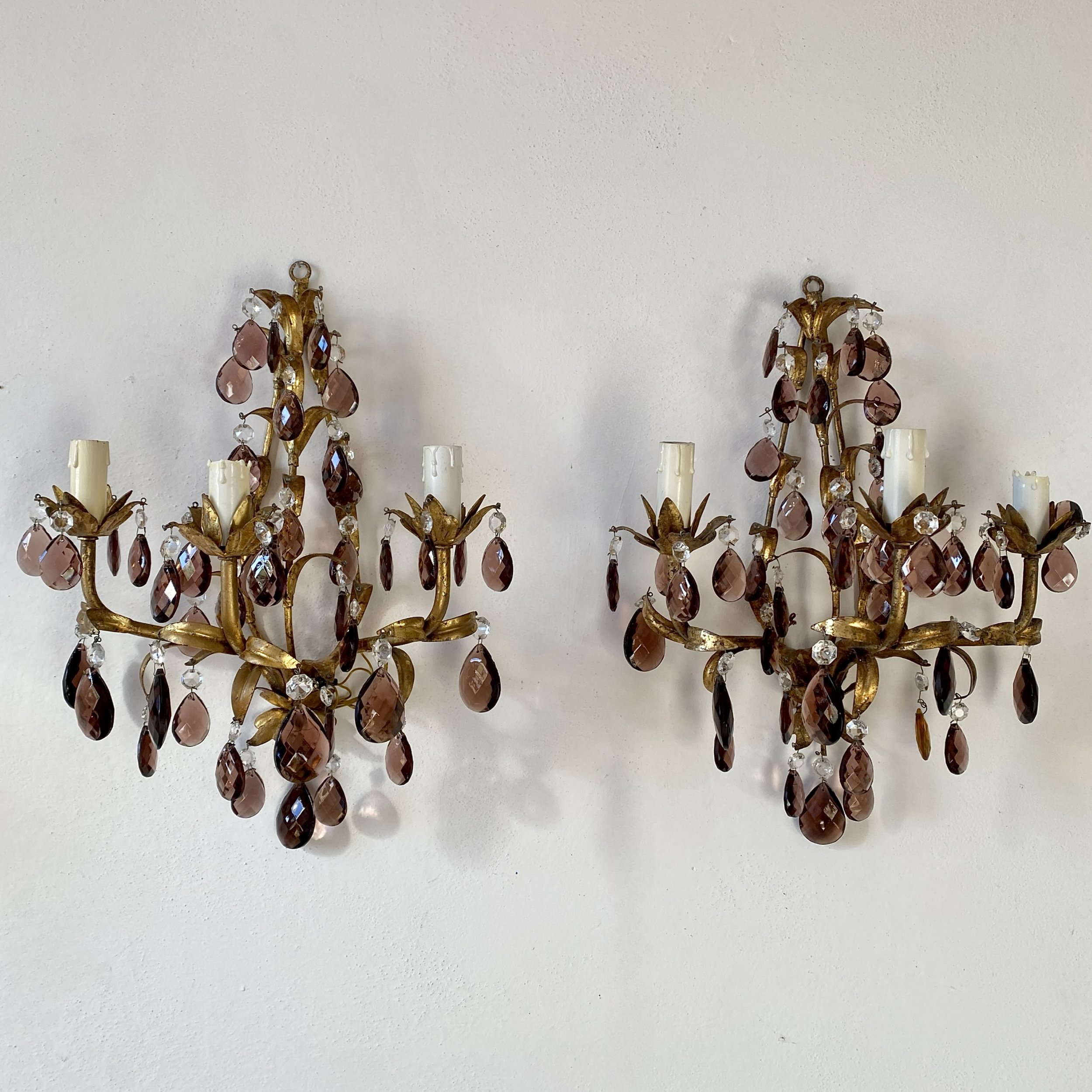 Pair of Italian gold gilt wall sconces with crystals