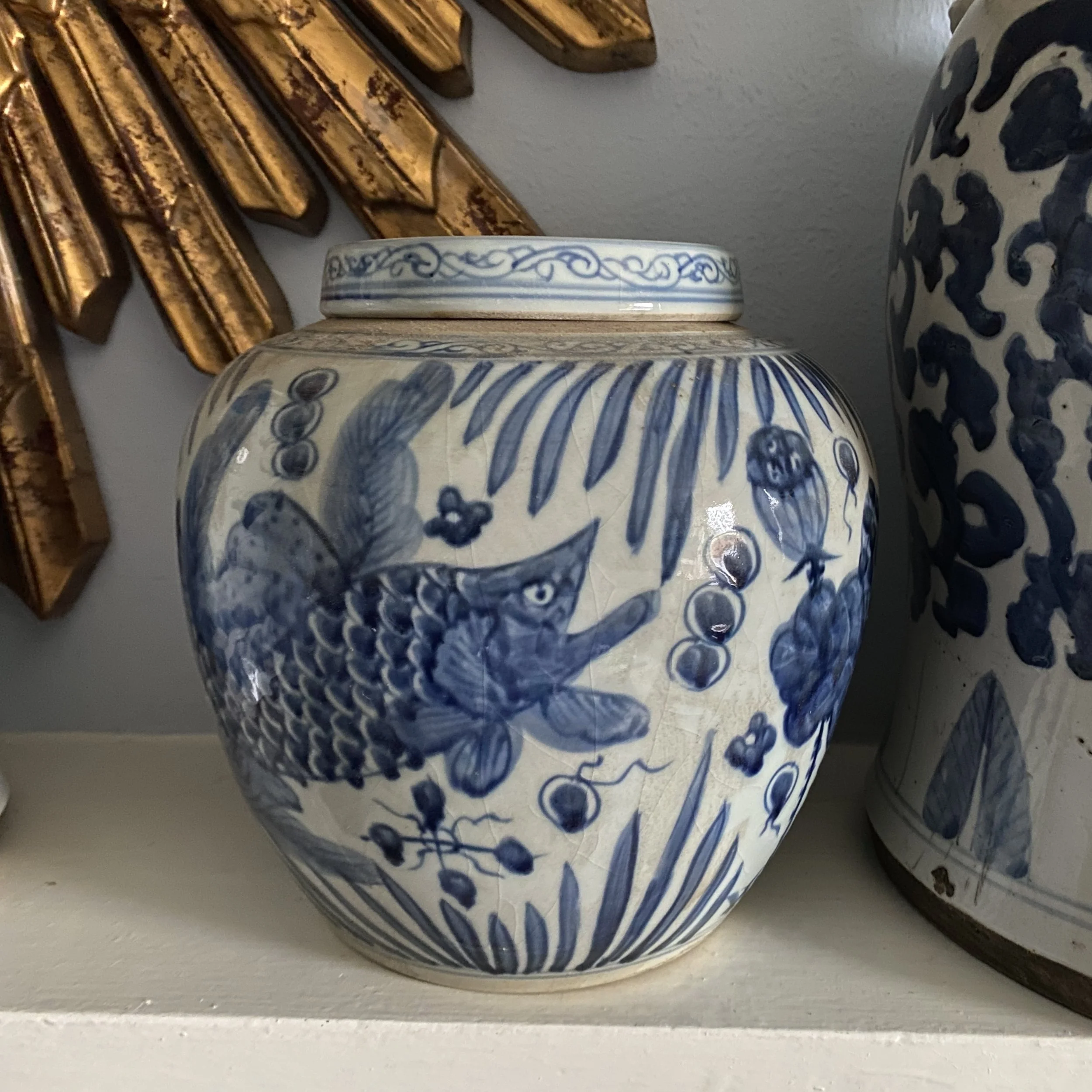 Flat top ginger jar (koi fish motif)