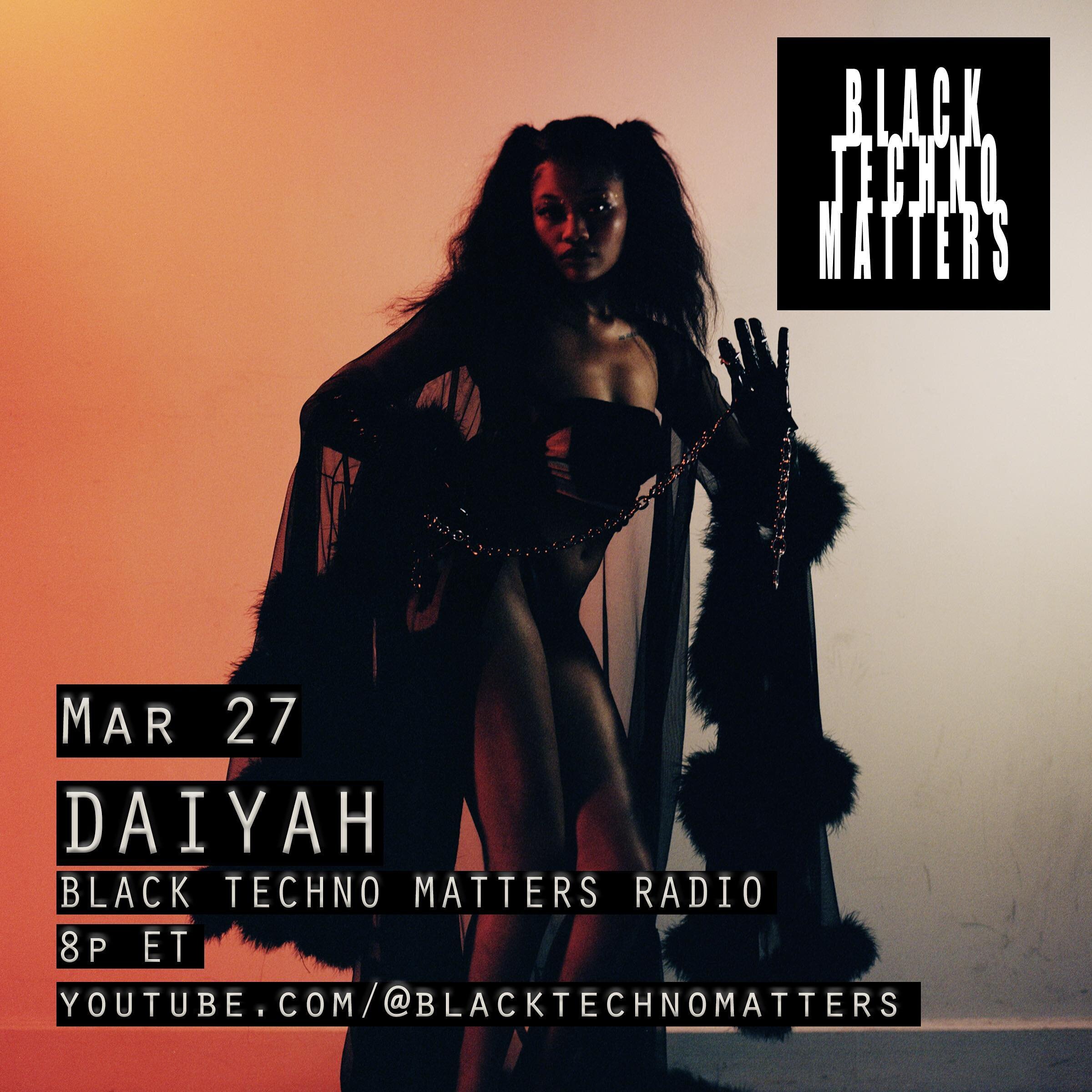 A new BLACK TECHNO MATTERS RADIO mix from @daiyahdaiyahdaiyah0 premieres tonight at 8p ET on our youtube channel! link in bio.

Title: USSY POWER

&quot;For women's history month, I compiled a set of tracks that not only represent the wackier sides o