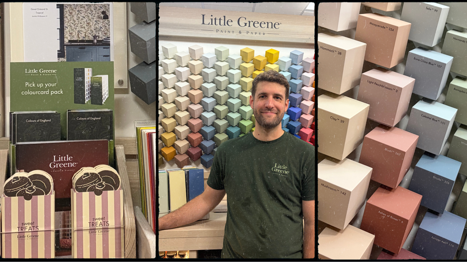 Man standing in front of the Little Greene Paint Collection at Adler's