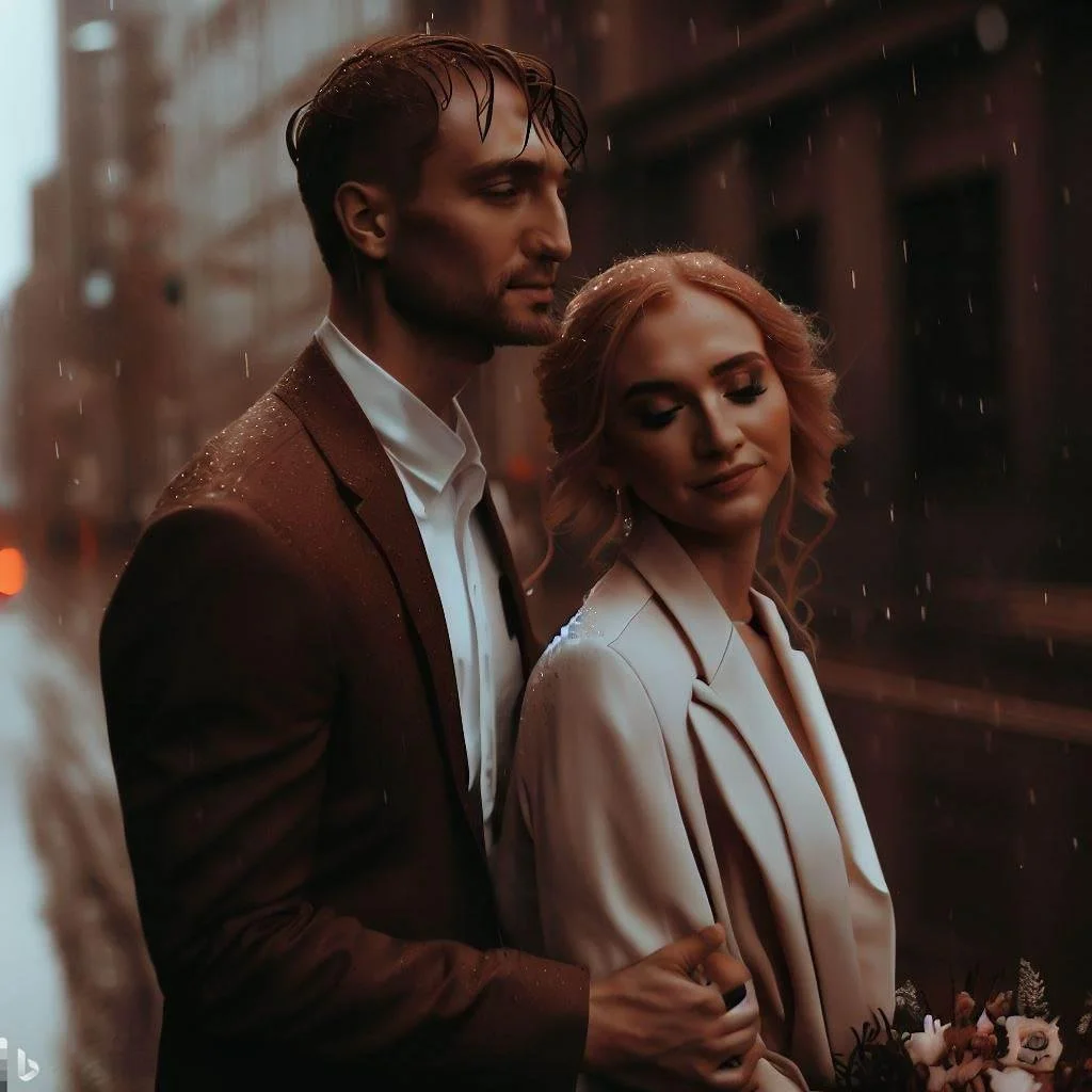 Ai generated "wedding photography, rainy day, urban city, wes anderson" concept