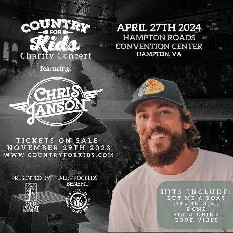 We are excited to announce the next Country for Kids presented by @oldpointnationalbank will take place on Saturday, April 27 featuring country superstar, @thechrisjanson!! Tickets and event information at www.countryforkids.com