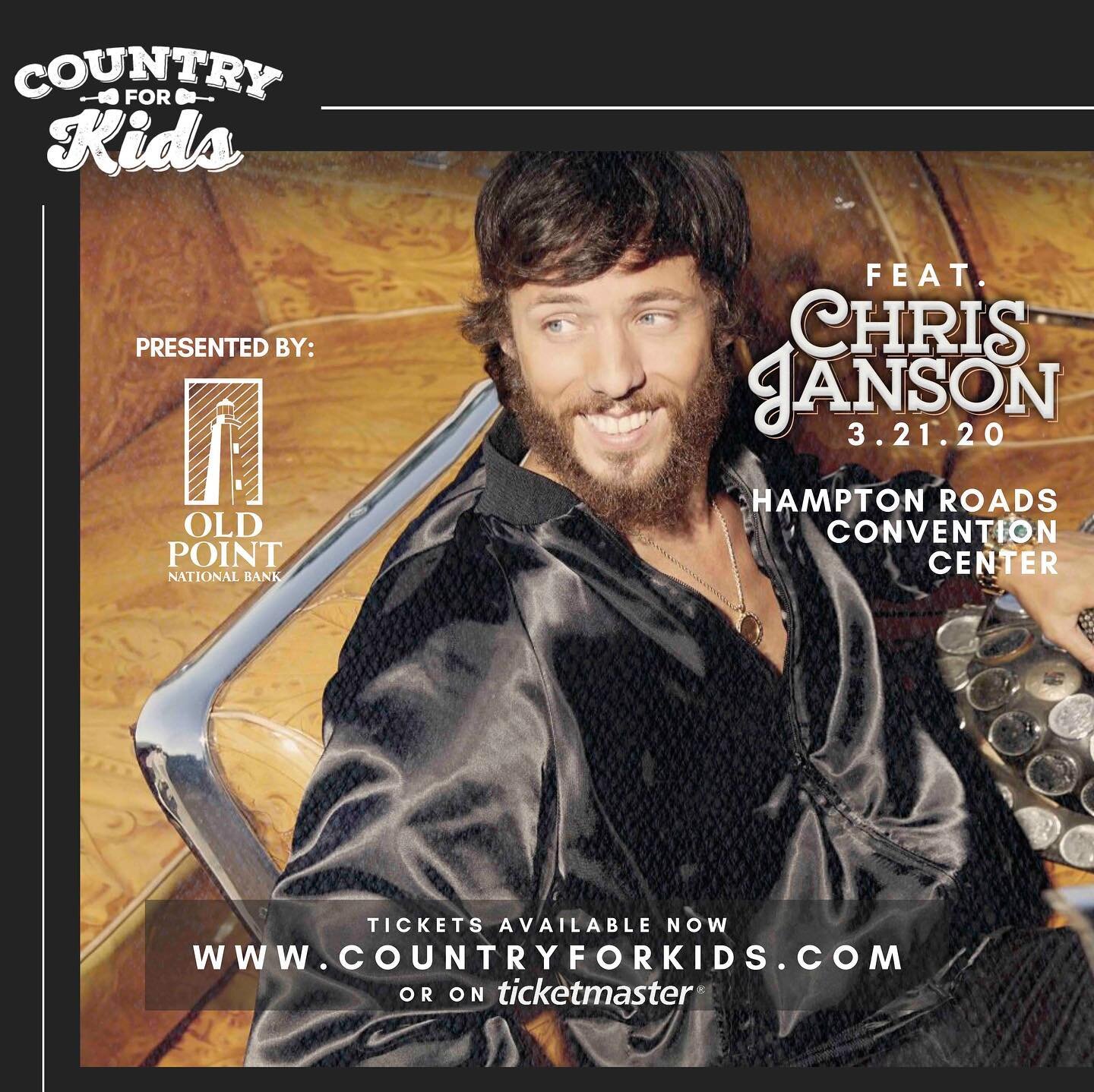 The countdown has started and we can't wait for @thechrisjanson  at @country4kids 2020 on March 21st!! Tickets available NOW at www.countryforkids.com 🎊