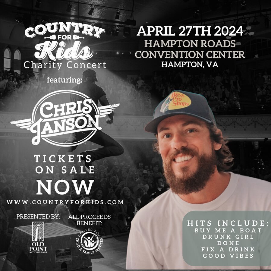 Tickets are on sale NOW to see @thechrisjanson at Country for Kids 2024 presented by @oldpointnationalbank at @thehrcc! Click the link in our bio to purchase tickets 🎫