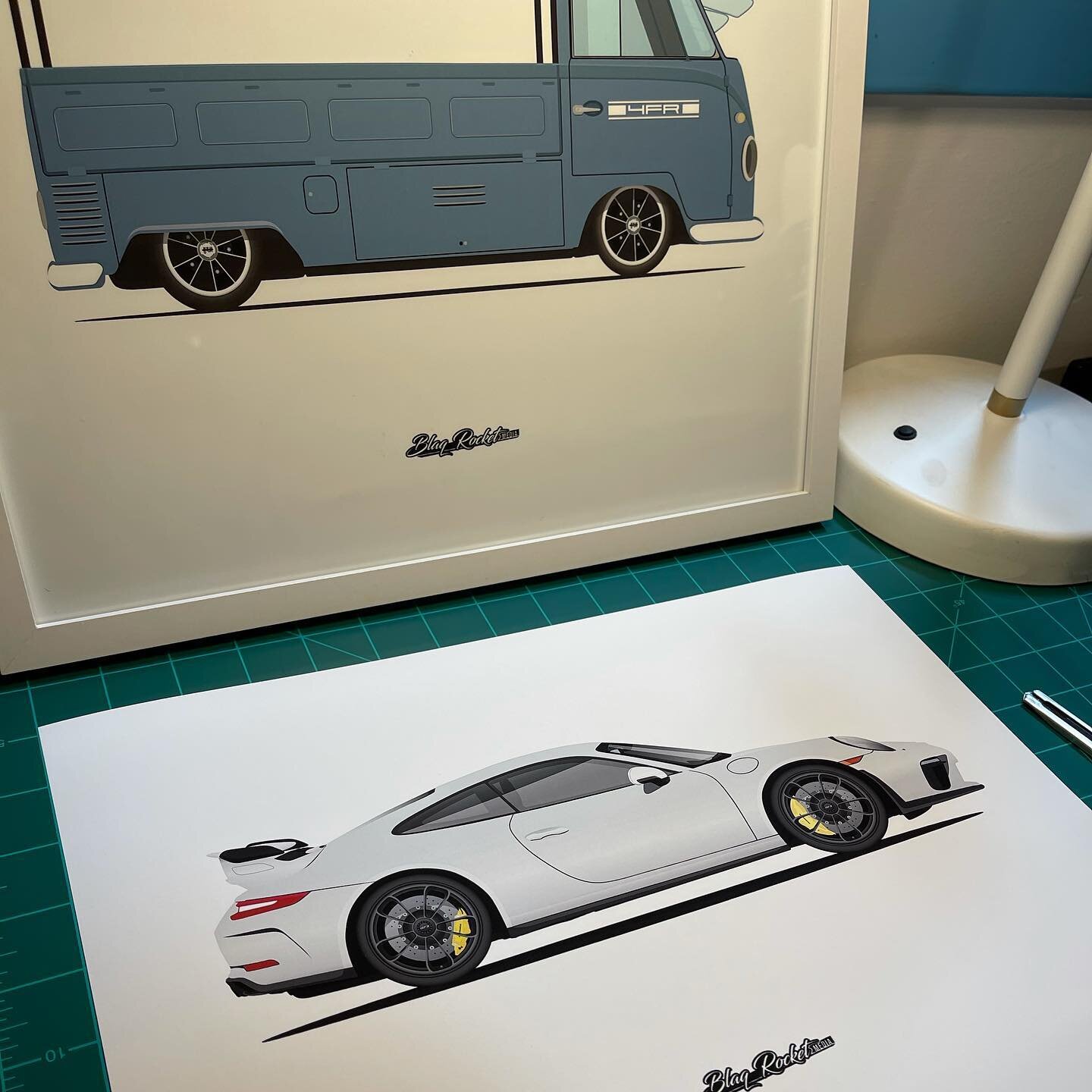 Printed some of @4frcars that I am sending him. It&rsquo;s so nice to have them in printed form. #porsche #vwbus #vectorart #graphicdesign