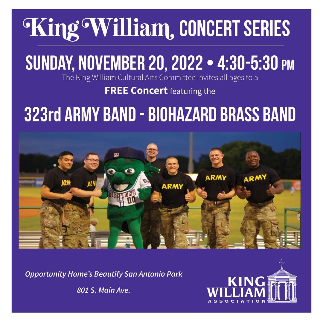 Happy Veterans Day! 

On Sunday, November 20, 2022, listen to the tunes of the 323rd Army Band: Biohazard Brass Band as they fill the air at Opportunity Home's Beautify San Antonio Park, 801 S. Main Ave., from 4:30-5:30 p.m.

According to the band's 