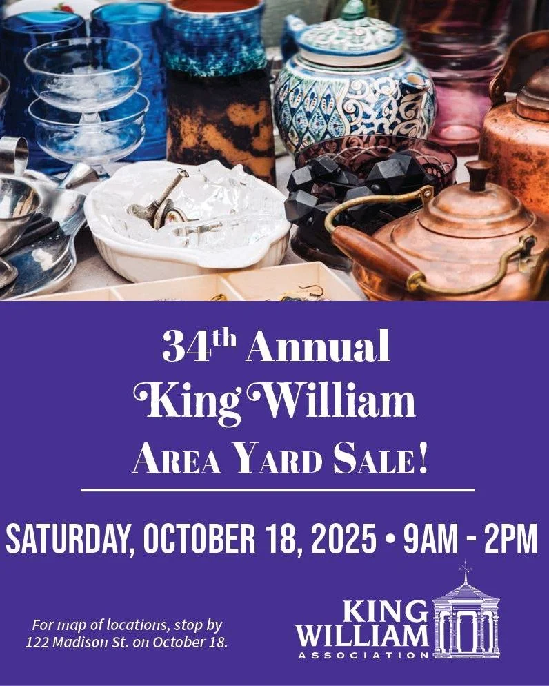 34th Annual King William Area Yard Sale! 

Let the treasure hunting begin! 40+ homes participating!

Saturday, October 18
9 a.m. - 2 p.m.
Historic King William District, downtown San Antonio

Pick up printed maps at the King William Association offic