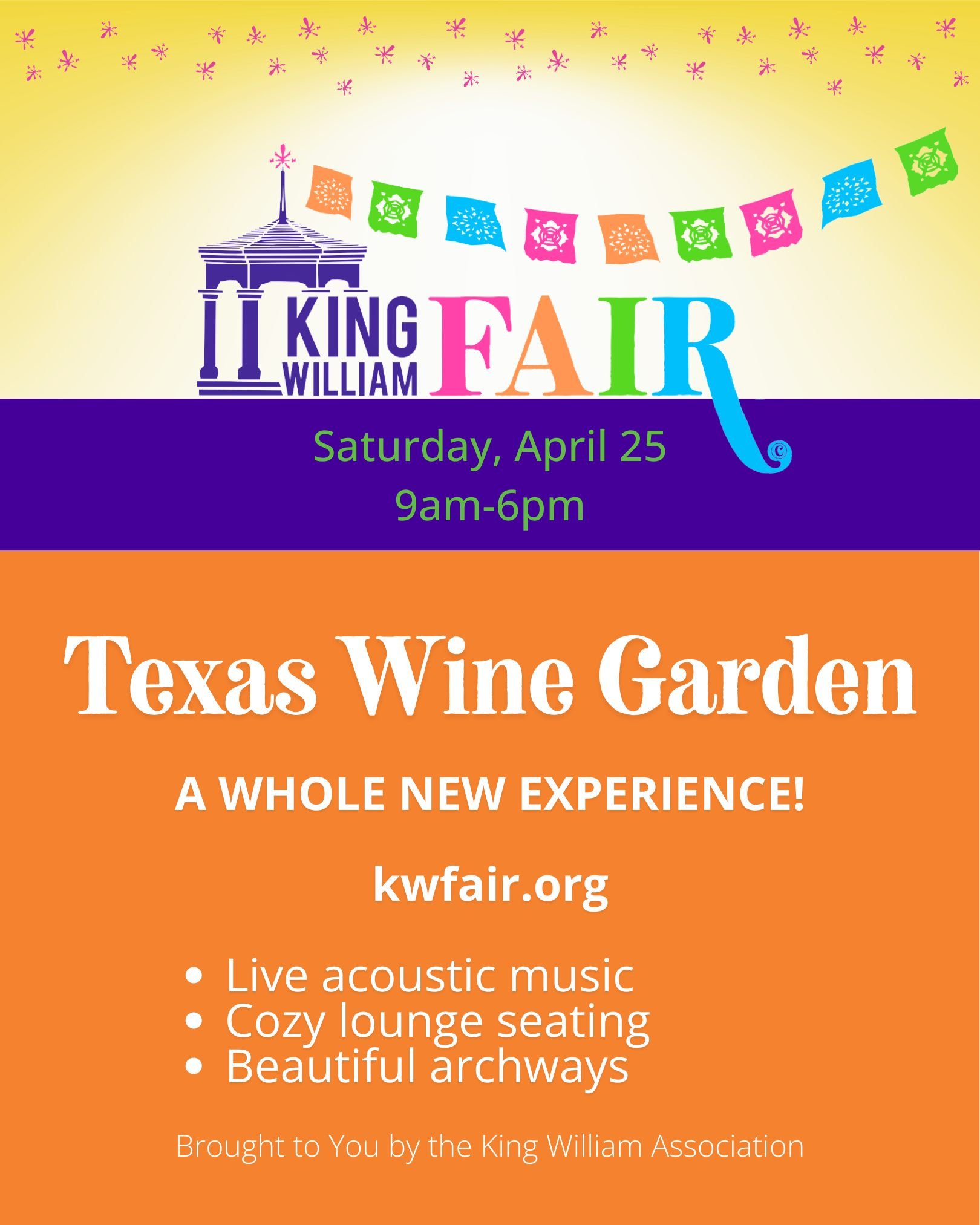 Unwind at the Texas Wine Garden 🍷

Enjoy this beloved feature of the King William Fair! You'll choose from a curated selection of wines made right here in the Lone Star State! 

Gather around a wine barrel beneath the festive arches to relax and enj