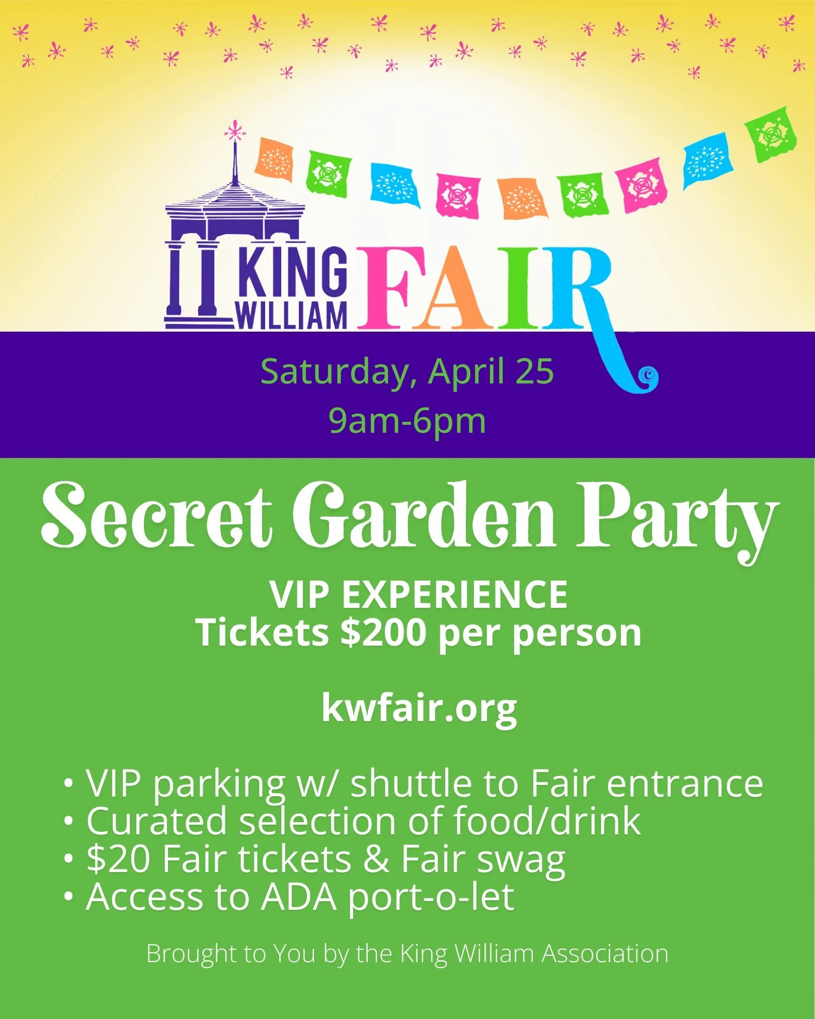Thanks to our sponsor, Oxbow Development for helping to bring the 2026 King William Fair to life! 

Experience the Fair in style at our Secret Garden Party! 🌿 

For the first time ever, you can live like a local and experience a a private King Willi