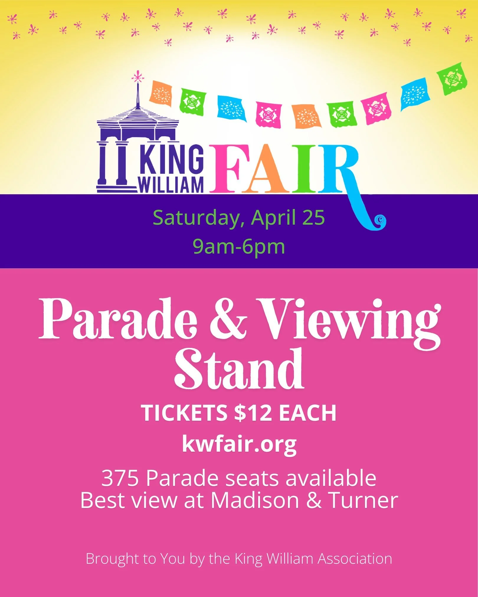 Catch the colors of King William from the best seat in the house! 🌈 Our parade kicks off the fair at 9:00 a.m. and winds through historic streets lined with Victorian mansions.

Avoid the sidewalk scramble by grabbing a seat at our viewing stand.

S
