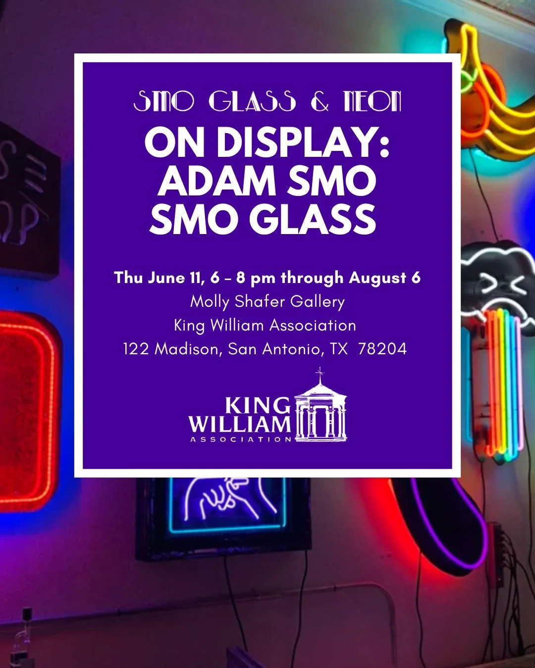Mark your calendar to visit the Molly Shafer Gallery to see the latest exhibit starting June 11 through August 6! The @kingwilliamassociation is featuring glass and neon works by Artist @smoglasstx. The gallery is located in the King William Associat