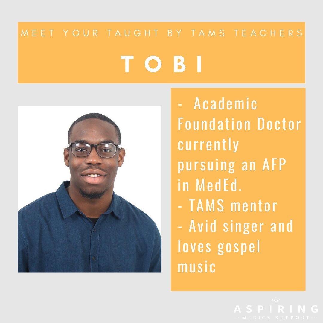Introducing the first teacher for Taught By Tams Series 3!

Meet Tobi👋🏾

Tobi will be heading up the first episode on Tuesday 20th July @5pm. 

Tobi is an Academic Foundation Doctor, currently working in Hull as an FY1 doctor in Renal Medicine.

Wi
