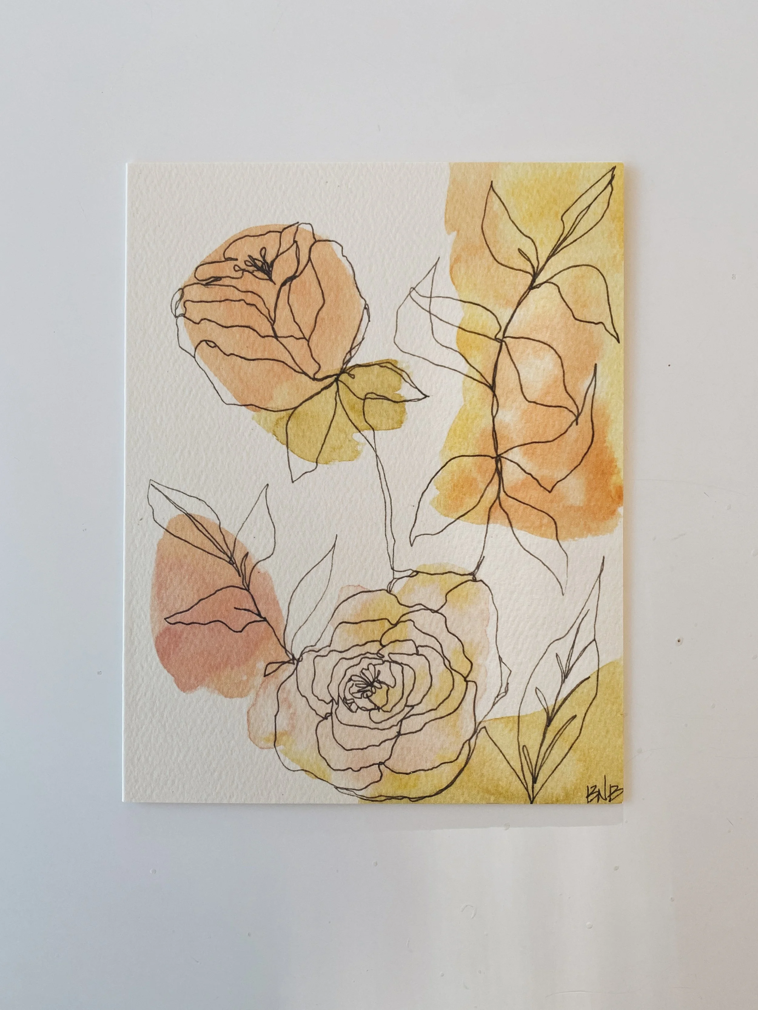 floral cards in watercolor and ink closeup