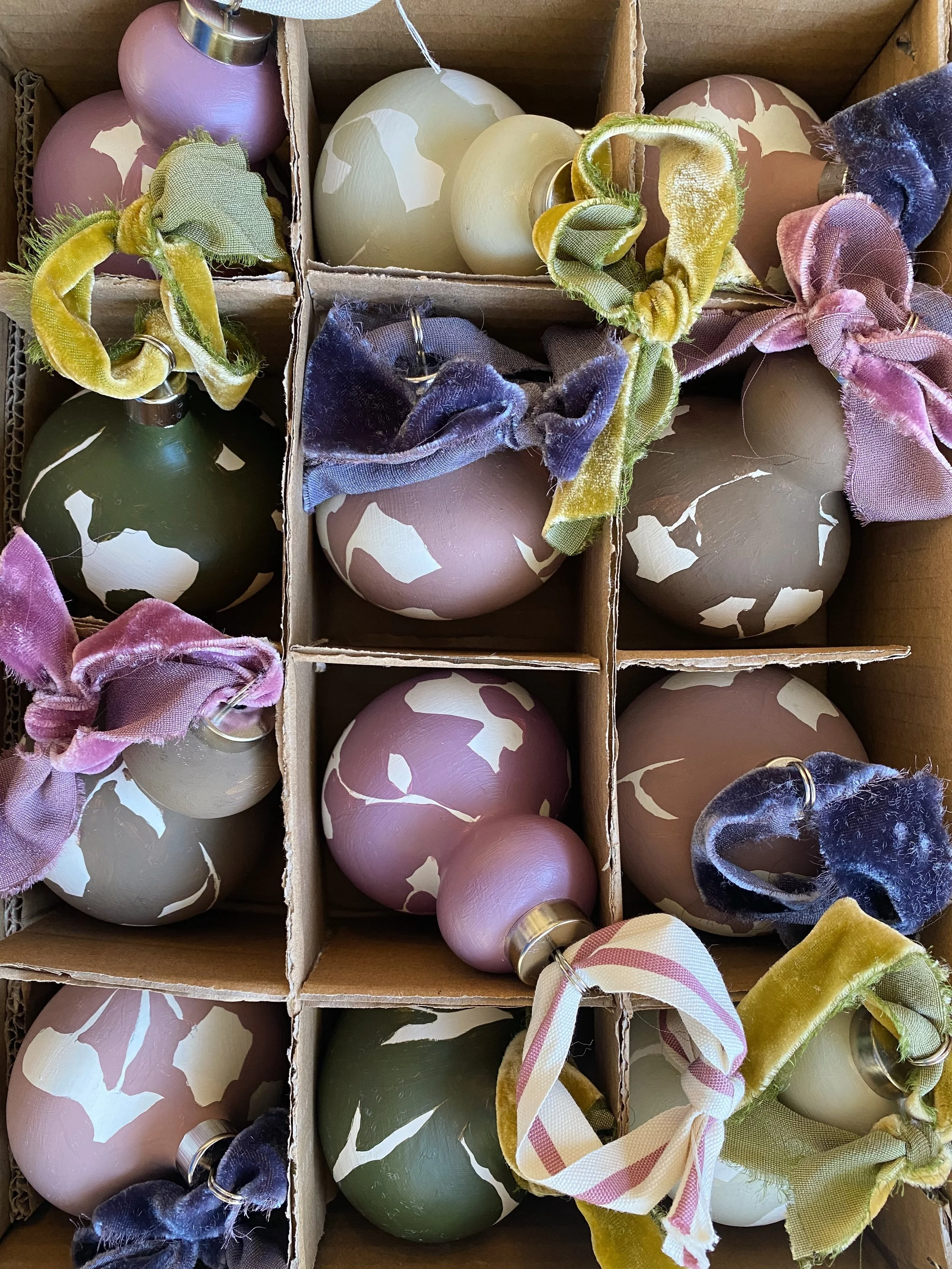 hand painted ornaments with hand dyed ribbon.JPG