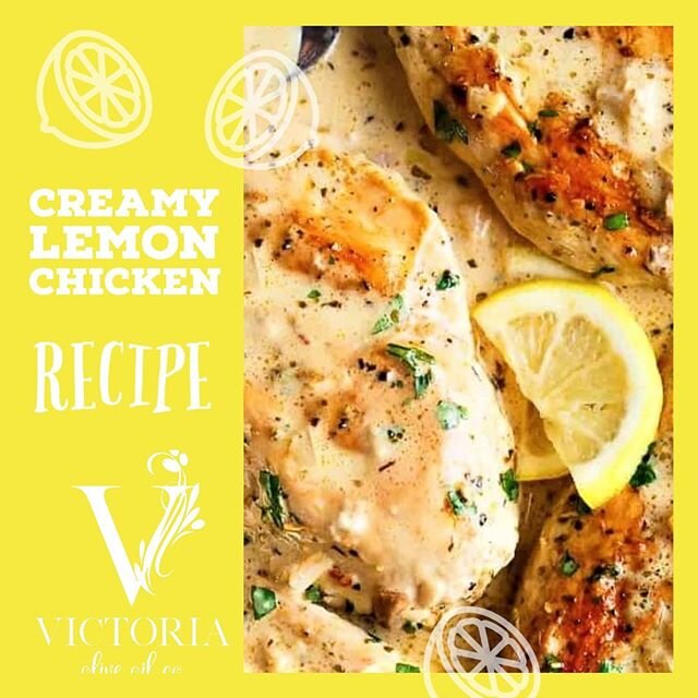 CREAMY LEMON CHICKEN
4 Thinly Sliced Chicken Breasts
1 teaspoon Salt
3/4 teaspoon Pepper
1/2 cup Flour 
2 Tablespoons Butter Infused Olive Oil 
2 Tablespoons Tuscan Herb Infused Olive Oil 
&frac12; onion - chopped
3/4 cup Chicken Broth
2 Tablespoons 
