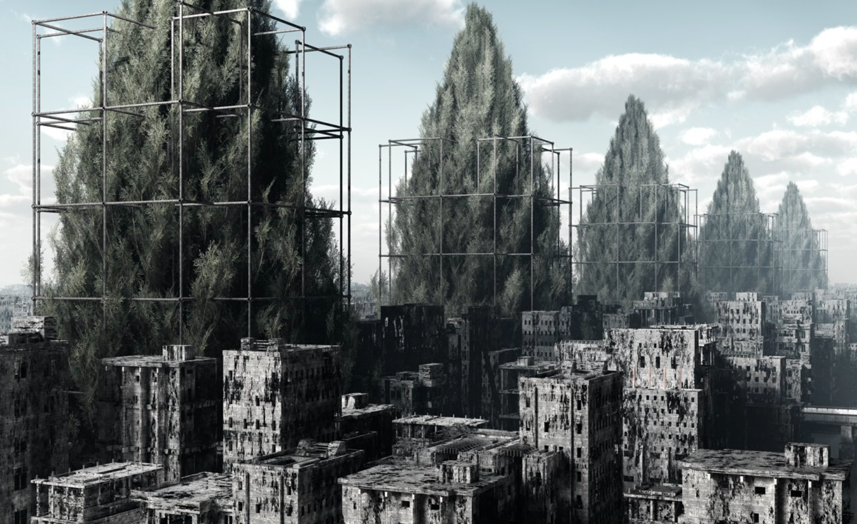 Tall trees surrounded by metal framework towers above a desolate urban landscape of crumbling buildings under a cloudy sky.