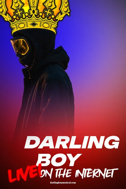 Poster for the Darling Boy musical’s internet home with a man wearing ski goggles and the musical’s crown logo set against a black background