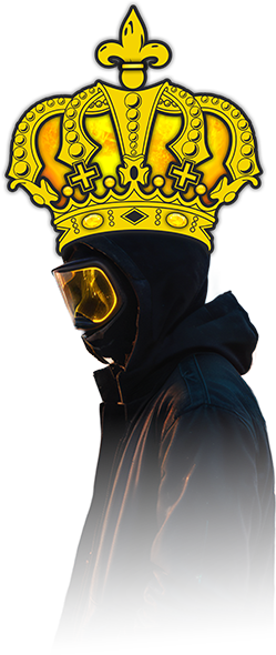 Portrait of a man wearing ski goggles and a black hoodie with the Darling Boy musical’s crown logo on his head