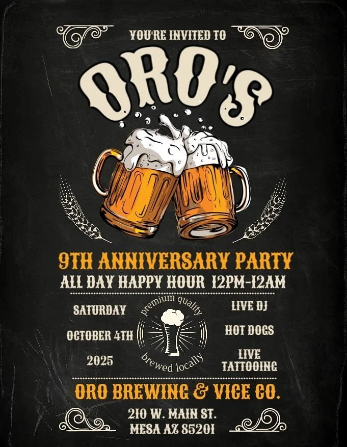 🎉 ORO TURNS 9! 🎉
We’re celebrating big this Saturday, October 4th! 🍻
Head Brewer Jesse’s got Oro in his veins, and now you can too—with a flash tattoo! 💘 Two amazing artists will be in the taproom starting at 4 PM, ready to hoo