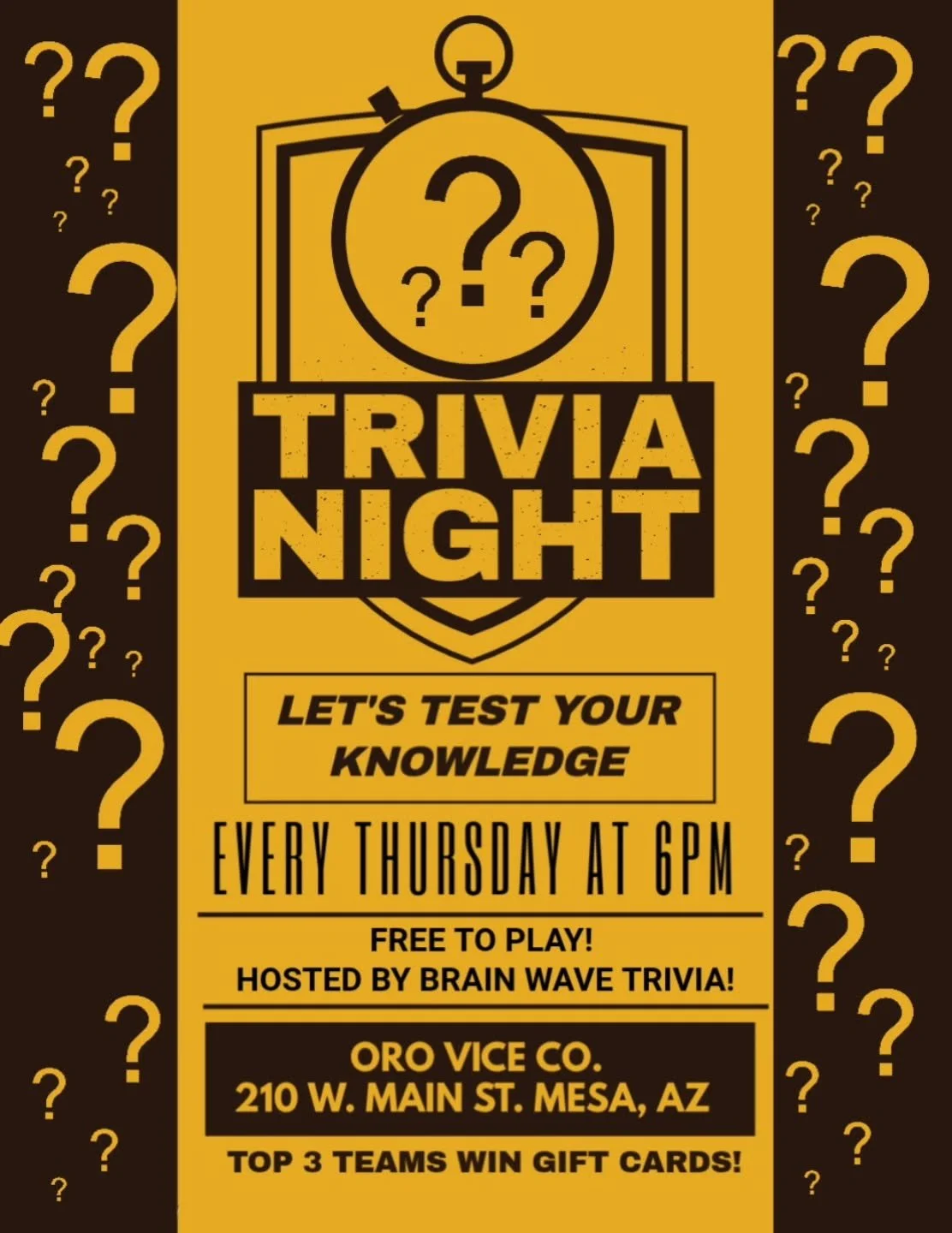 TRIVIA IS BACK. 🧠🍻
​Dust off the brain cells and get the crew together. We&rsquo;re officially bringing back Trivia Night every Thursday at 6:00 PM!
​Whether you&rsquo;re a history buff, a pop-culture pro, or just here for the vibes, come compete f