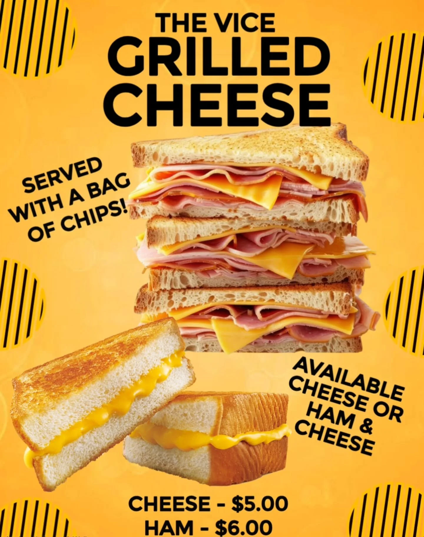 Introducing The Vice Grilled Cheese Sandwich! Served with a bag of chips! Try it with or without ham! Available now! 
#downtownmesa #grilledcheese #bar #Sandwich #beer