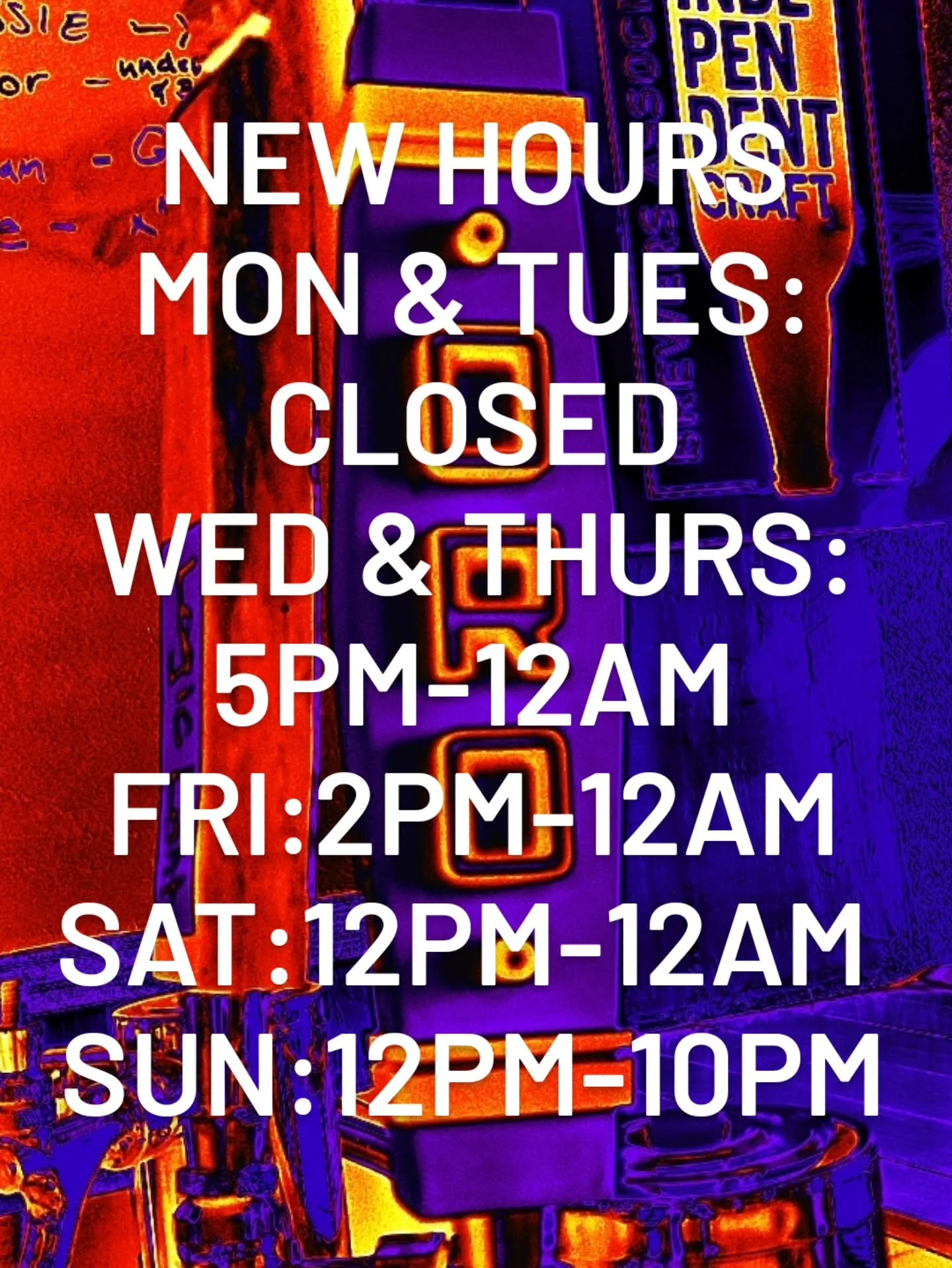 Hello friends and neighbors! Summer is upon us and so are the new summertime hours! 
NEW HOURS
MONDAY &amp; TUESDAY:CLOSED
WEDNESDAY &amp; THURSDAY:5PM-12AM
FRIDAY:2PM-12AM
SATURDAY:12PM-12AM 
SUNDAY:12PM-10PM
We hope to see you soon! 
Cold beer &amp