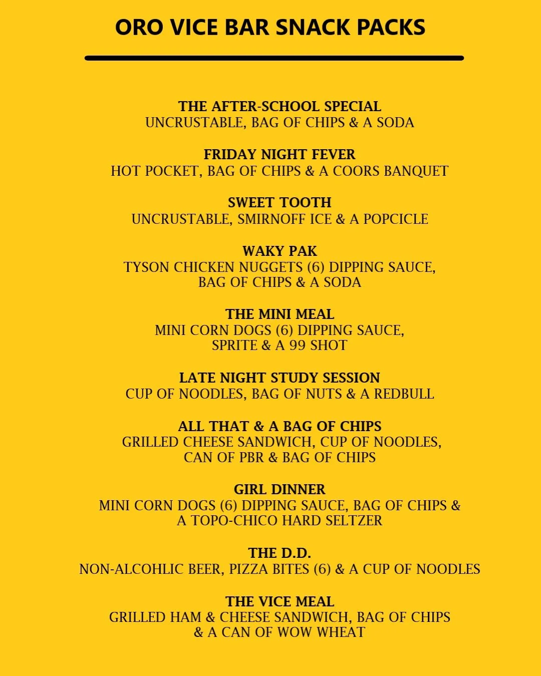 Looking for a late night snack? The Vice Bar at Oro has got you covered!
Open until midnight Wednesday-Saturday, we&rsquo;ll crush your late-night munchie cravings with some creative pairings, plus get you can add a cold beer, wine, cider, seltzer or