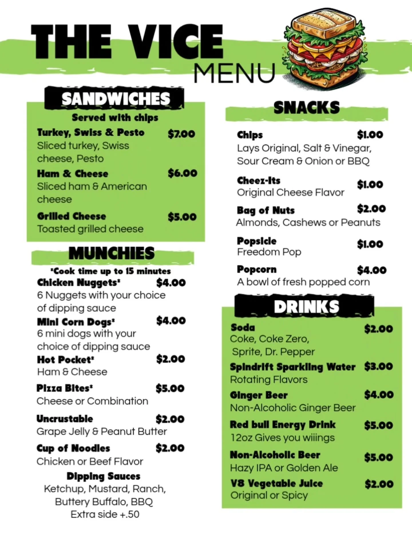 Introducing The Vice Menu!

From grilled chesse sandwiches to tobacco products and everything in between, we got you!
🥪🍜🍺🚬

Summer Hours:
Mon &amp; Tues: Closed
Wed &amp; Thurs: 5pm-12am
Fri: 2pm-12am
Sat: 12pm-12am
Sun: 12pm-10pm