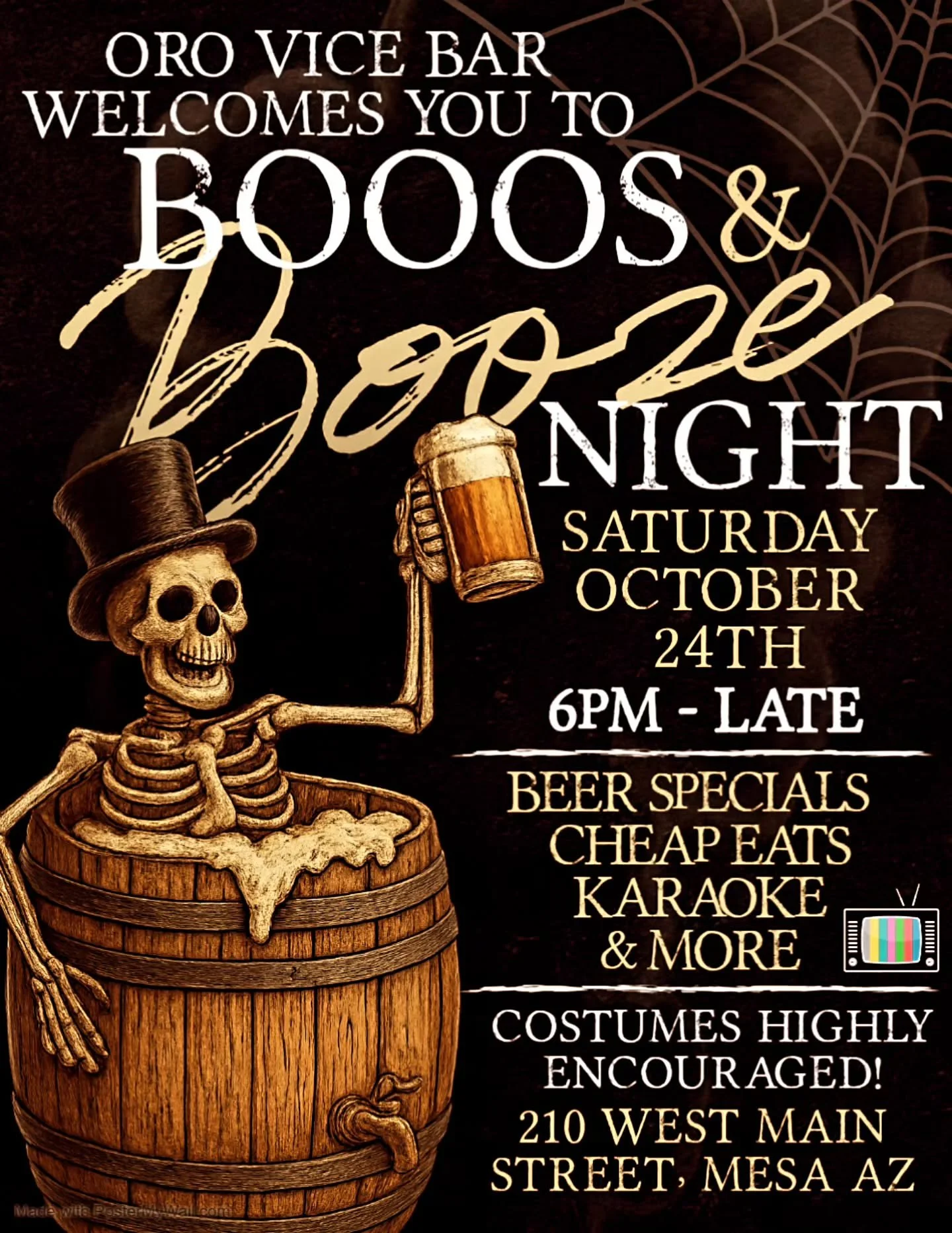 Attention all Ghouls and Goblins, you are formally invited to Oros Boos &amp; Booze Night!
🎃
Saturday October 24th, from 6pm-Late we will have spooky vibes, beer specials, cheap eats, karaoke and more!
💀
Come see what's happening at Oro Vice Bar!👻