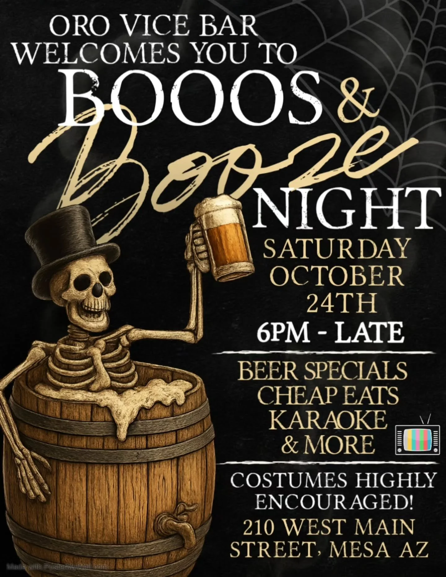 Attention all Ghouls and Goblins, you are formally invited to Oros Boos &amp; Booze Night!
🎃
Saturday October 24th, from 6pm-Late we will have spooky vibes, beer specials, cheap eats, karaoke and more!
💀
Come see what's happening at Oro Vice Bar.👻