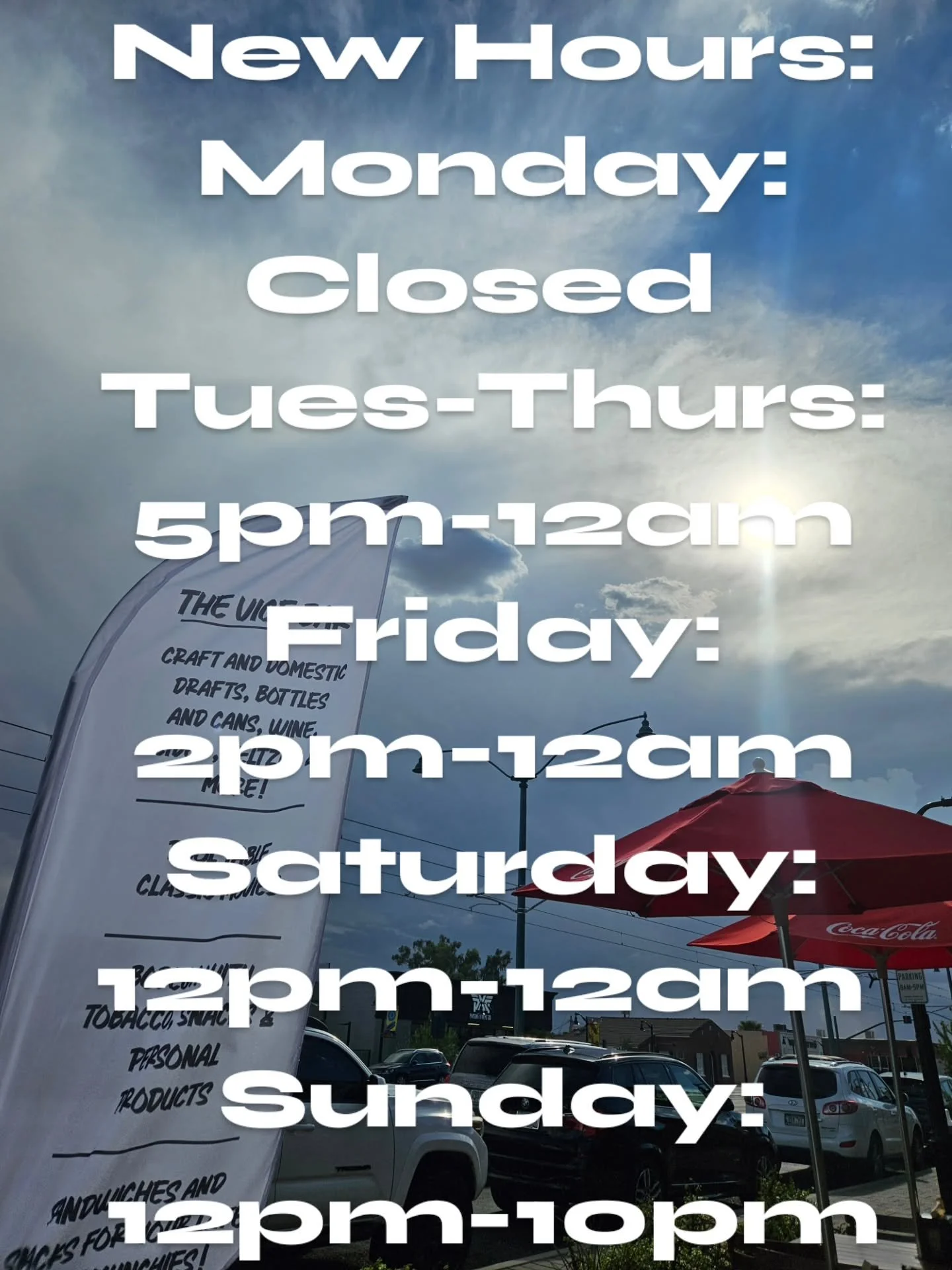 New Hours:
Monday: Closed 
Tues-Thurs: 5pm-12am
Friday: 2pm-12am
Saturday: 12pm-12am 
Sunday: 12pm-10pm

Yeah that's right! 
We are open on Tuesdays again!
We can't wait to see you!