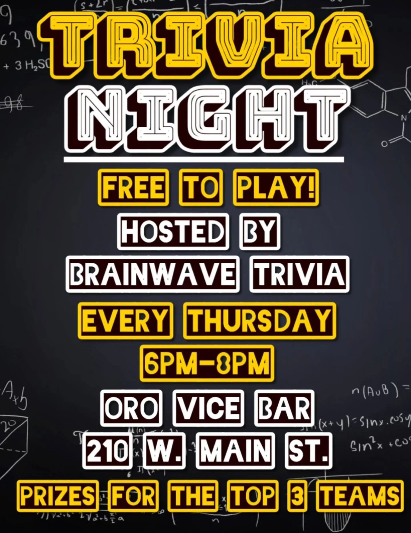 It's Trivia Night!
Every Thursday from 6-8pm @brainwavetrivia hosts 7 rounds of pub style trivia! Get here early to get a table and lets have some fun!!
#downtownmesa #trivia #thursday #OroViceBar #MesaAZ