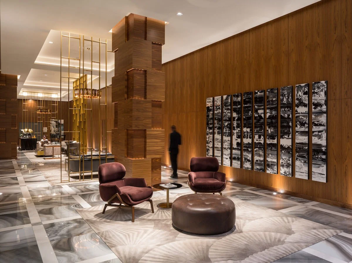 Lobby at Vision on Wilshire, a luxury multifamily residential property developed by UDR in Los Angeles, California.