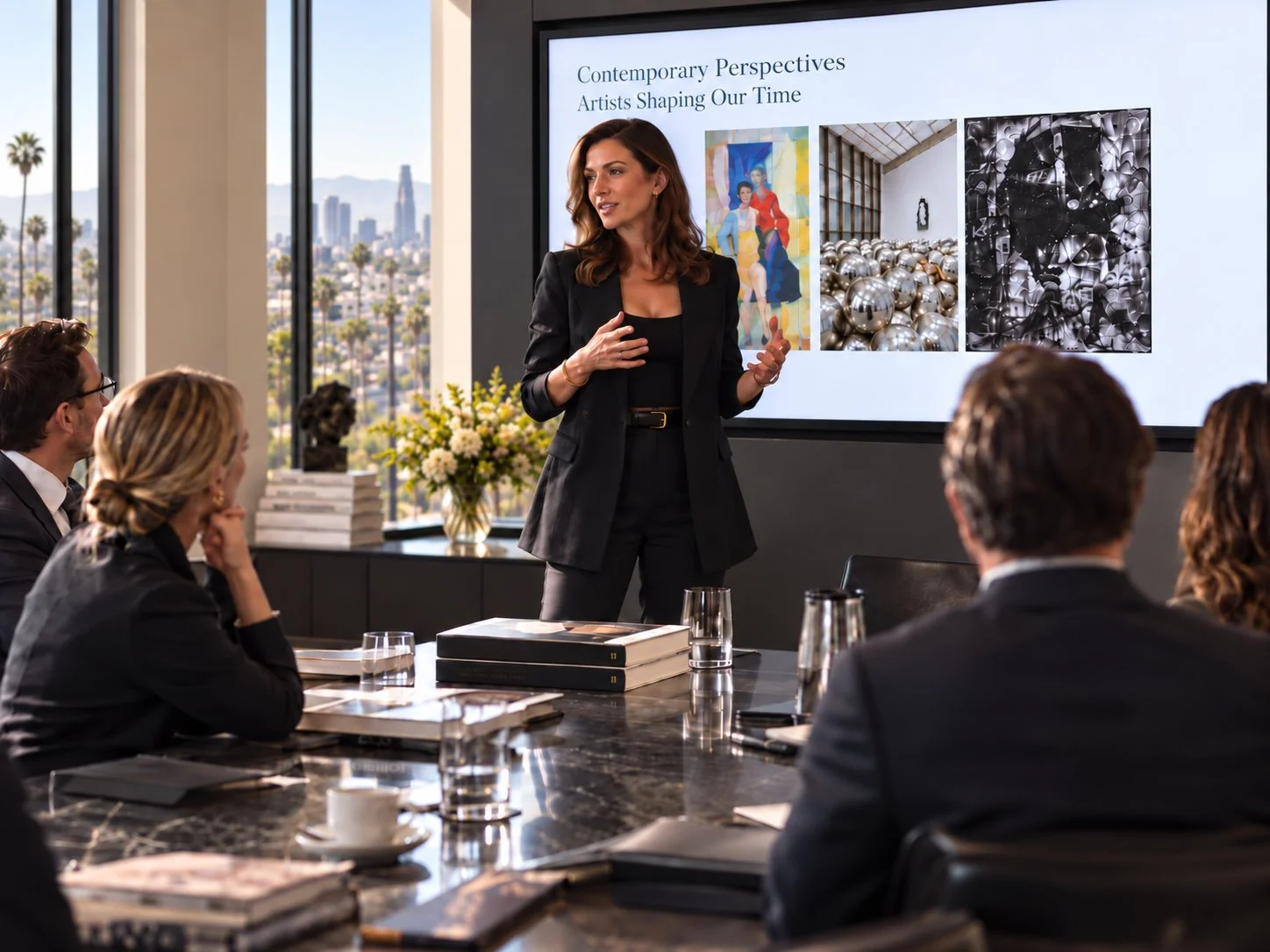 A woman in a black suit giving a presentation to a group of business people in a modern conference room, with a city skyline visible through large windows.
