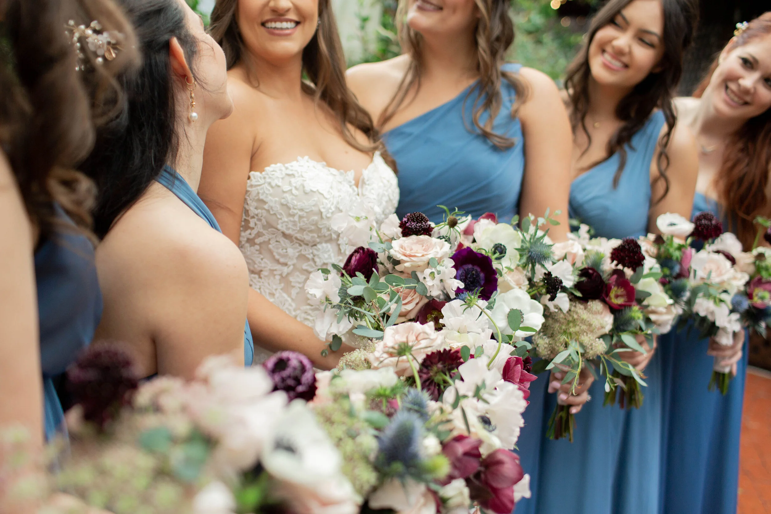 Wine Color & Blush Bridal Bouquet and Bridesmaid Bouquet. These wedding flowers would be perfect for a Sonoma wedding, Napa wedding, or Bay area Wedding.  The perfect California Wedding in March.  Burgundy, Wine Color and Blush Wedding Flowers.  Flow
