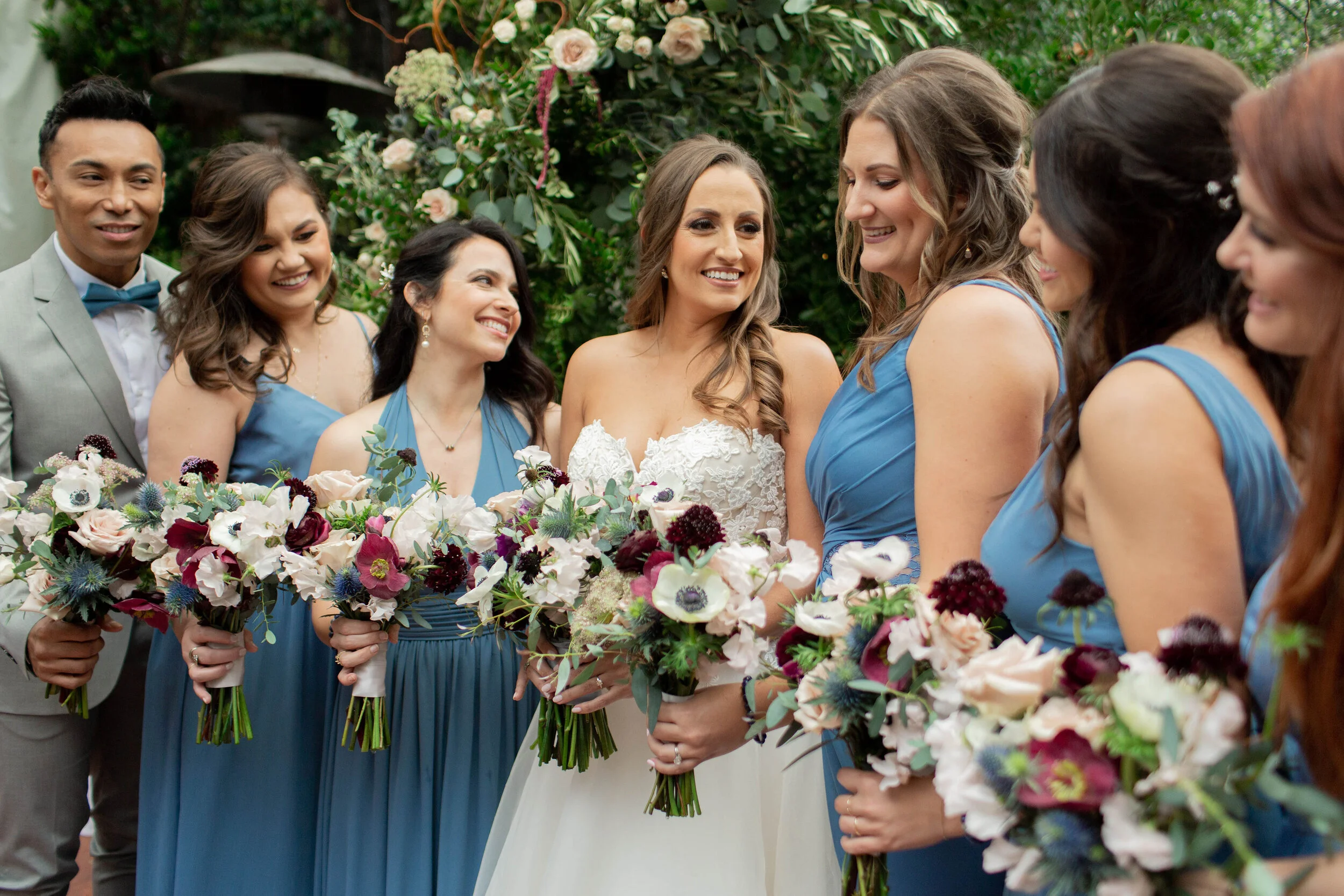 Wine Color & Blush Bridal Bouquet and Bridesmaid Bouquet. These wedding flowers would be perfect for a Sonoma wedding, Napa wedding, or Bay area Wedding.  The perfect California Wedding in March.  Burgundy, Wine Color and Blush Wedding Flowers.  Flow