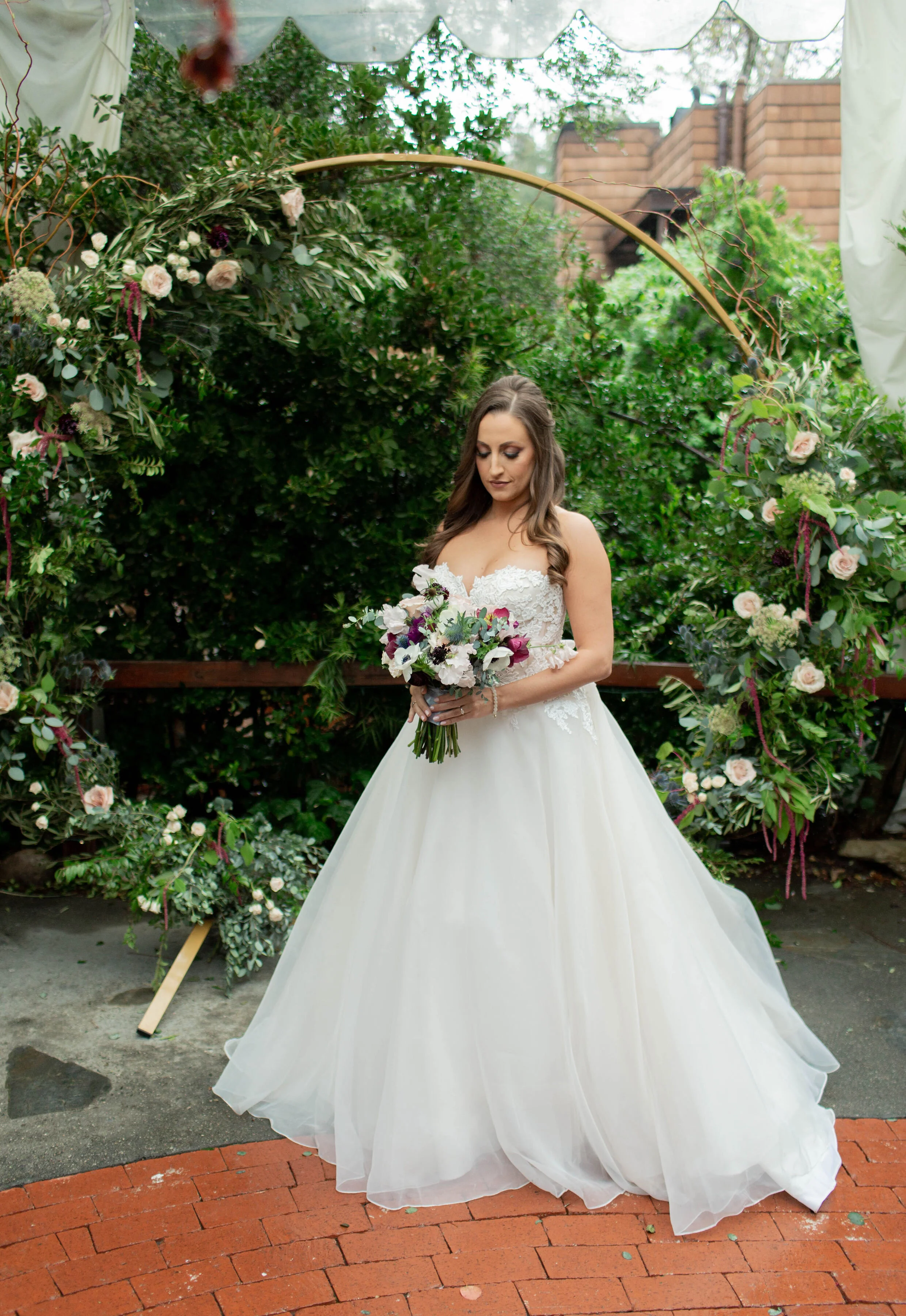 Burgundy & Blush Bridal Bouquet and Circle Wedding Arch. These wedding flowers would be perfect for a Sonoma wedding, Napa wedding, or Bay area Wedding.  The perfect California Wedding in March.  Burgundy, Wine Color and Blush Wedding Flowers.  Flowe