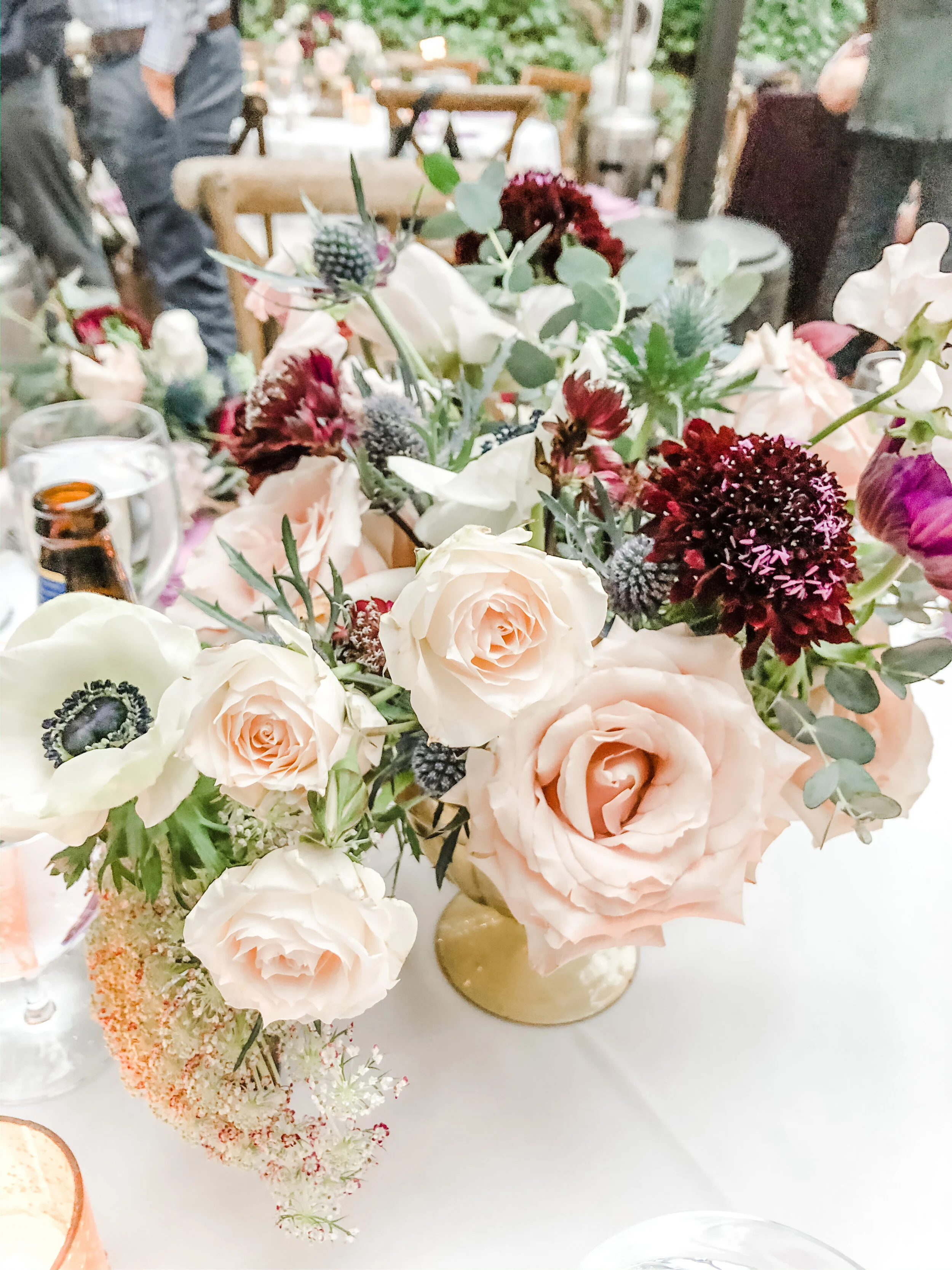 Wine Color & Blush Wedding Flower Centerpiece.  These wedding flowers would be perfect for a Sonoma wedding, Napa wedding, or Bay area Wedding.  The perfect California Wedding in March.  Burgundy, Wine Color and Blush Wedding Flowers.  Flowers Provid