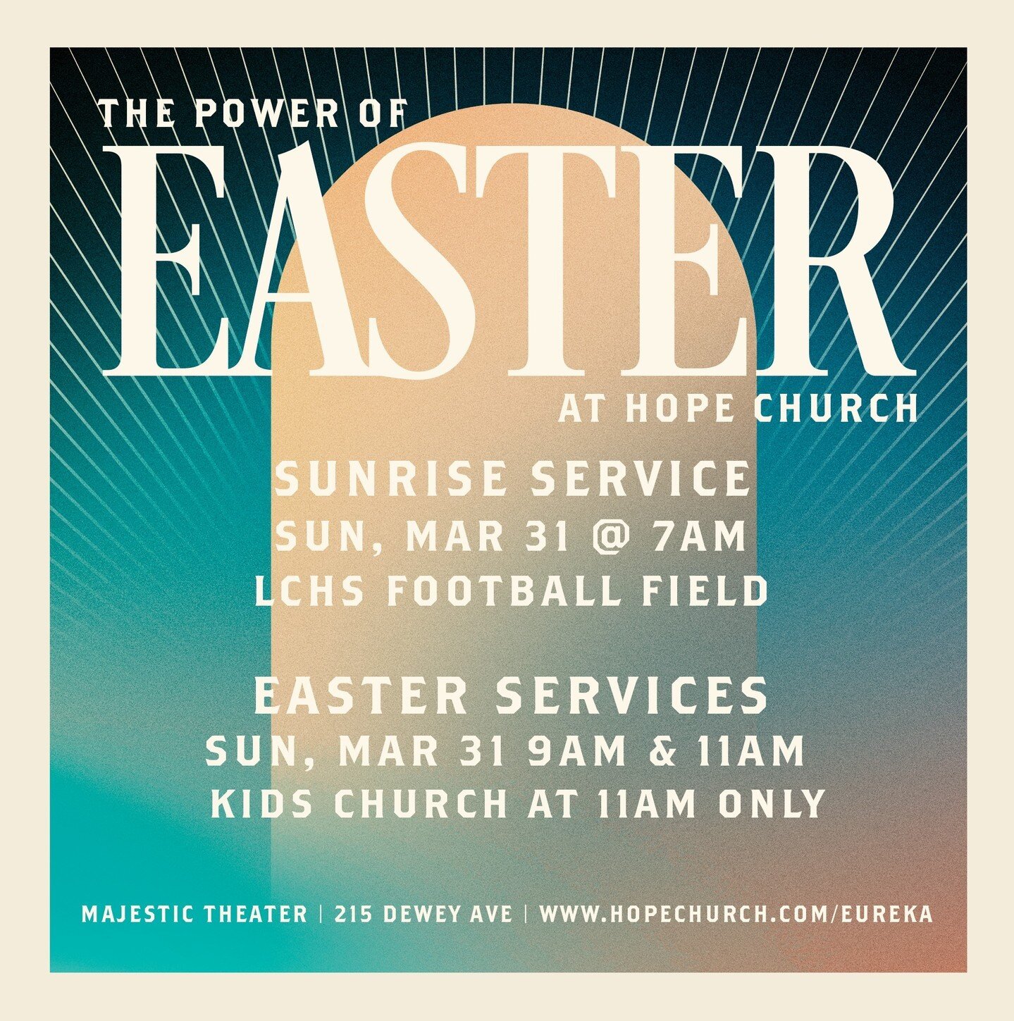 You're invited to join us as we celebrate the greatest day in history! Join us and surrounding churches for the annual Sunrise Service at LCHS at 7am and after that bring your family to our Easter Service at Hope Church. We meet at the Majestic Theat
