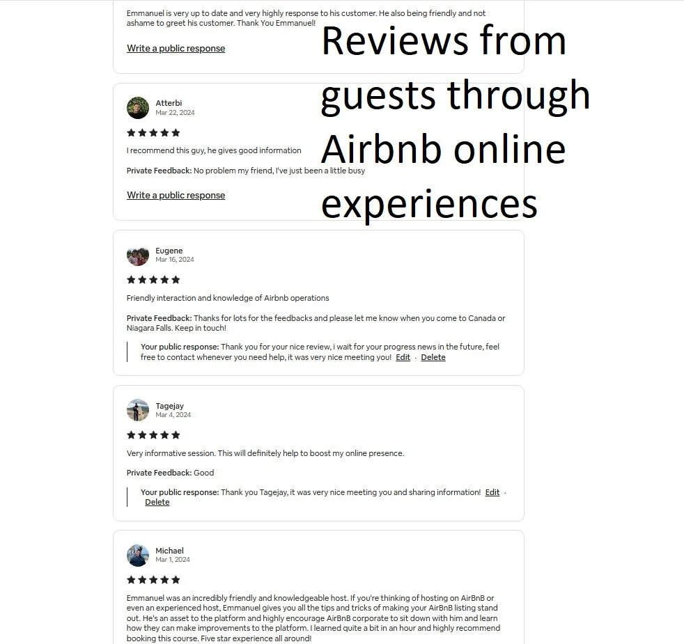 Online reviews and feedback comments from guests about their Airbnb experiences, praising Emmanuel's helpfulness and knowledge.