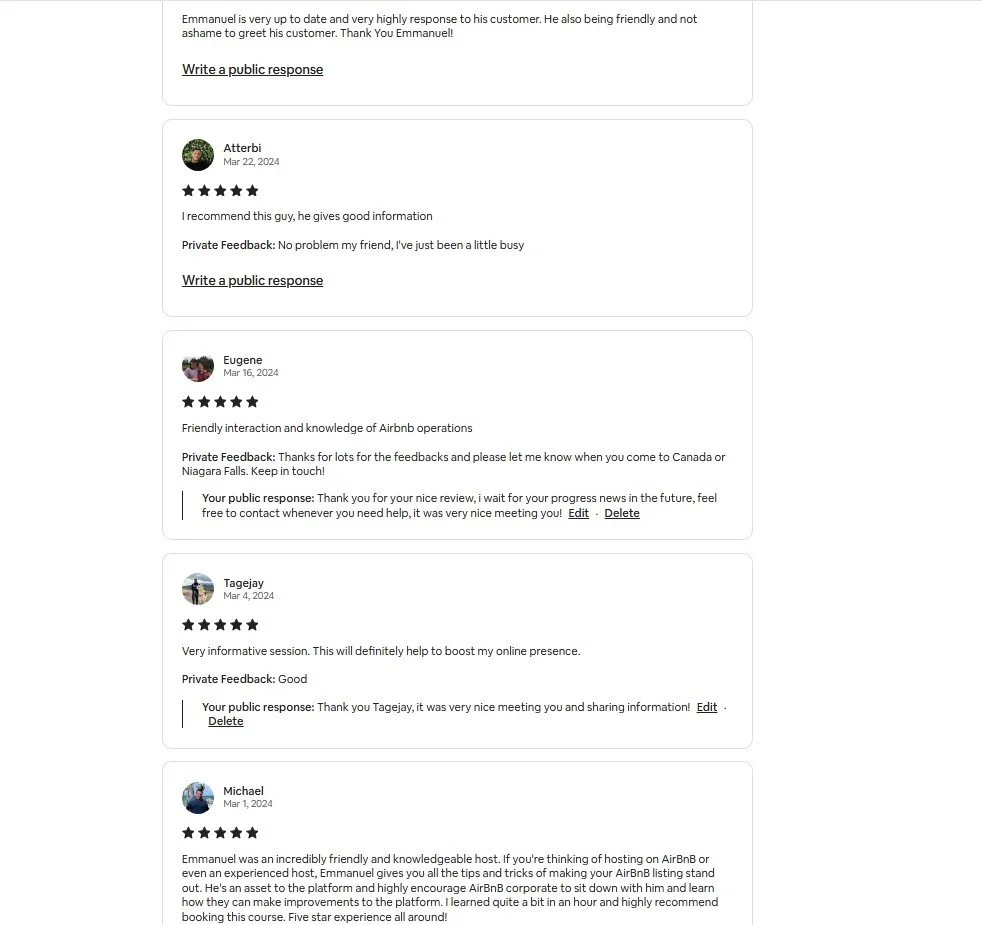 Screenshot of Airbnb guest reviews and responses, showing feedback from multiple users praising Emmanuel for his helpfulness, knowledge, and friendliness.
