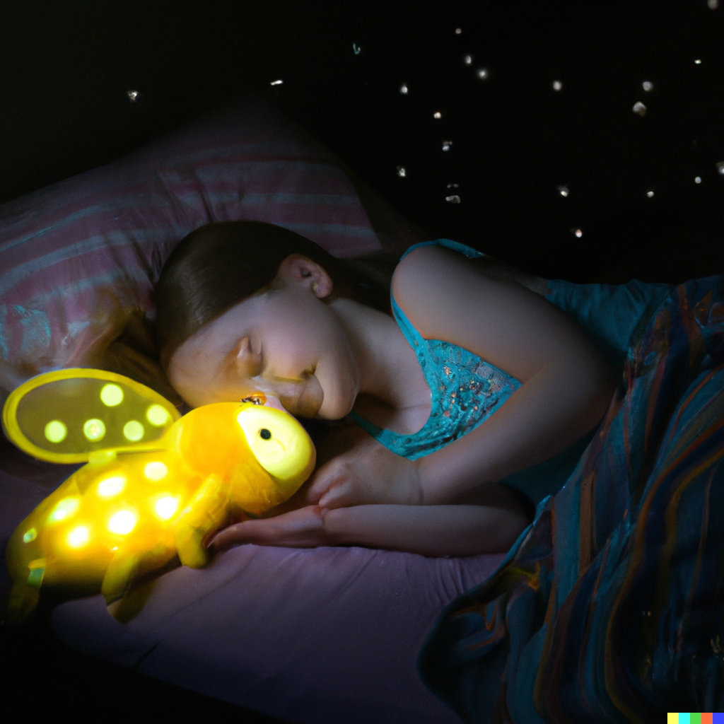 DALL·E 2023-01-03 12.26.33 - photo of a little girl sleeping in a dark bedroom with a plush toy firefly that is lit up.png