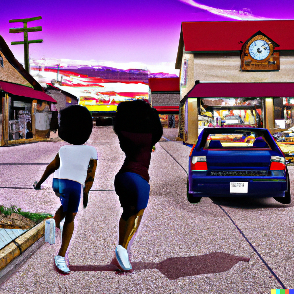 DALL·E 2023-01-03 12.22.42 - dramatic angle two young black sisters running down a street toward a shop on a small town road with two cars parked outside digital art.png