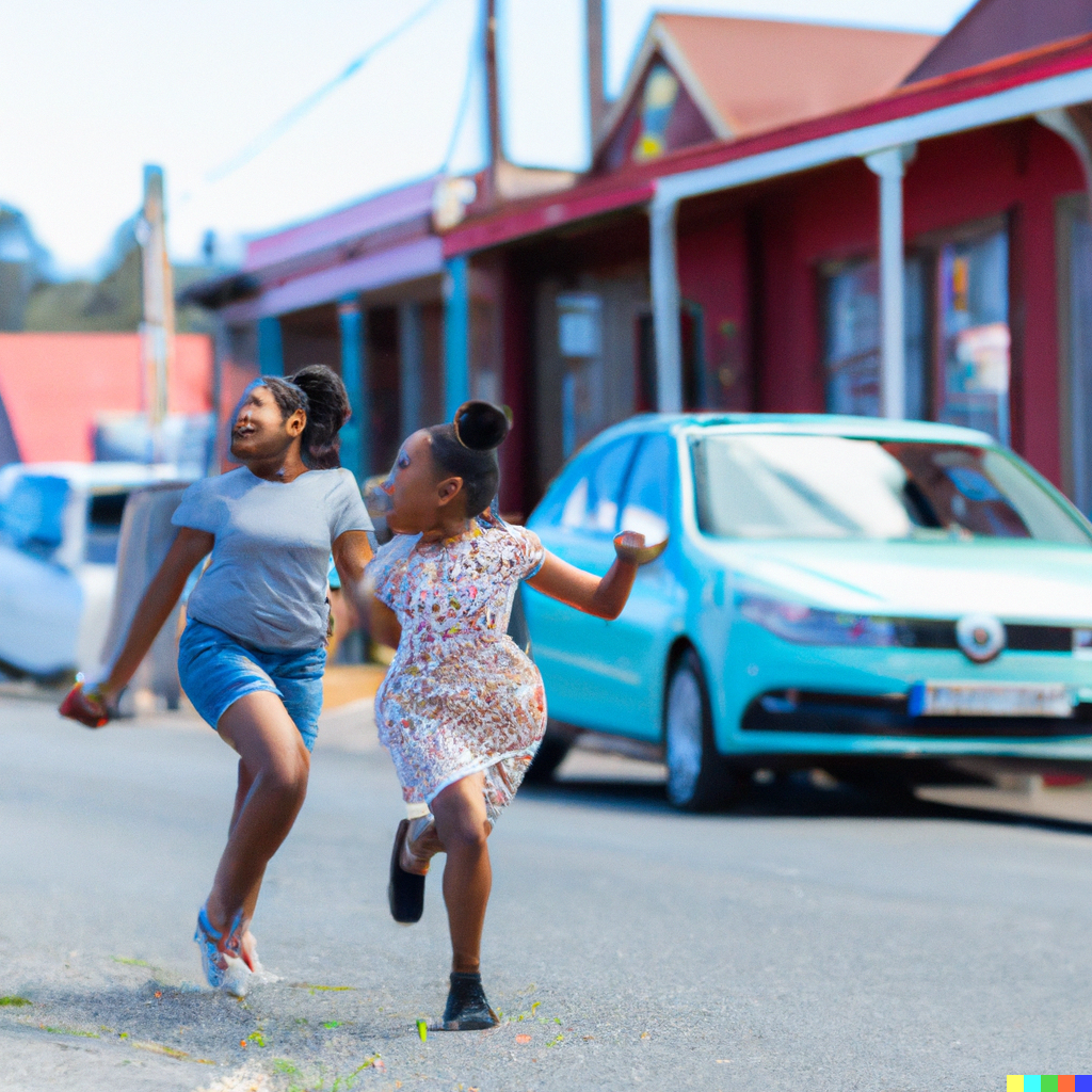 DALL·E 2023-01-03 12.19.34 - two young black sisters running down a street toward a shop on a small town road with two cars parked outside .png